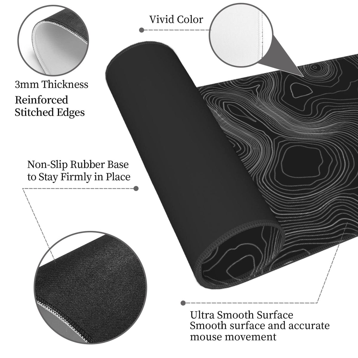 Topography Map Lines Contour Geographic Black XXL XL Large Gaming Mouse Pad for Desk, Non-Slip Long