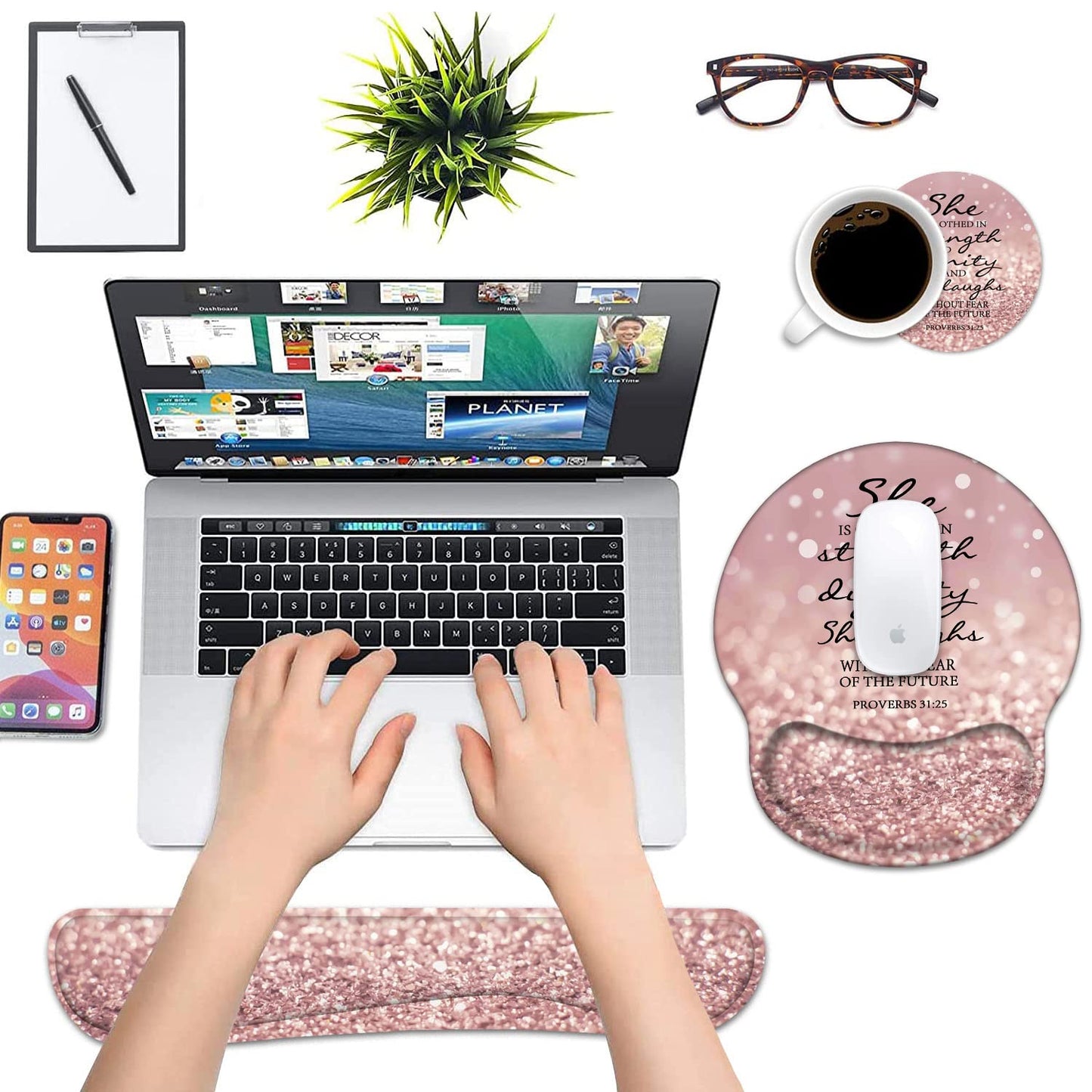 Keyboard Wrist Rest and Mouse Pad Wrist Support Set with Coasters, Bible Verse Proverbs 31:25 Wrist