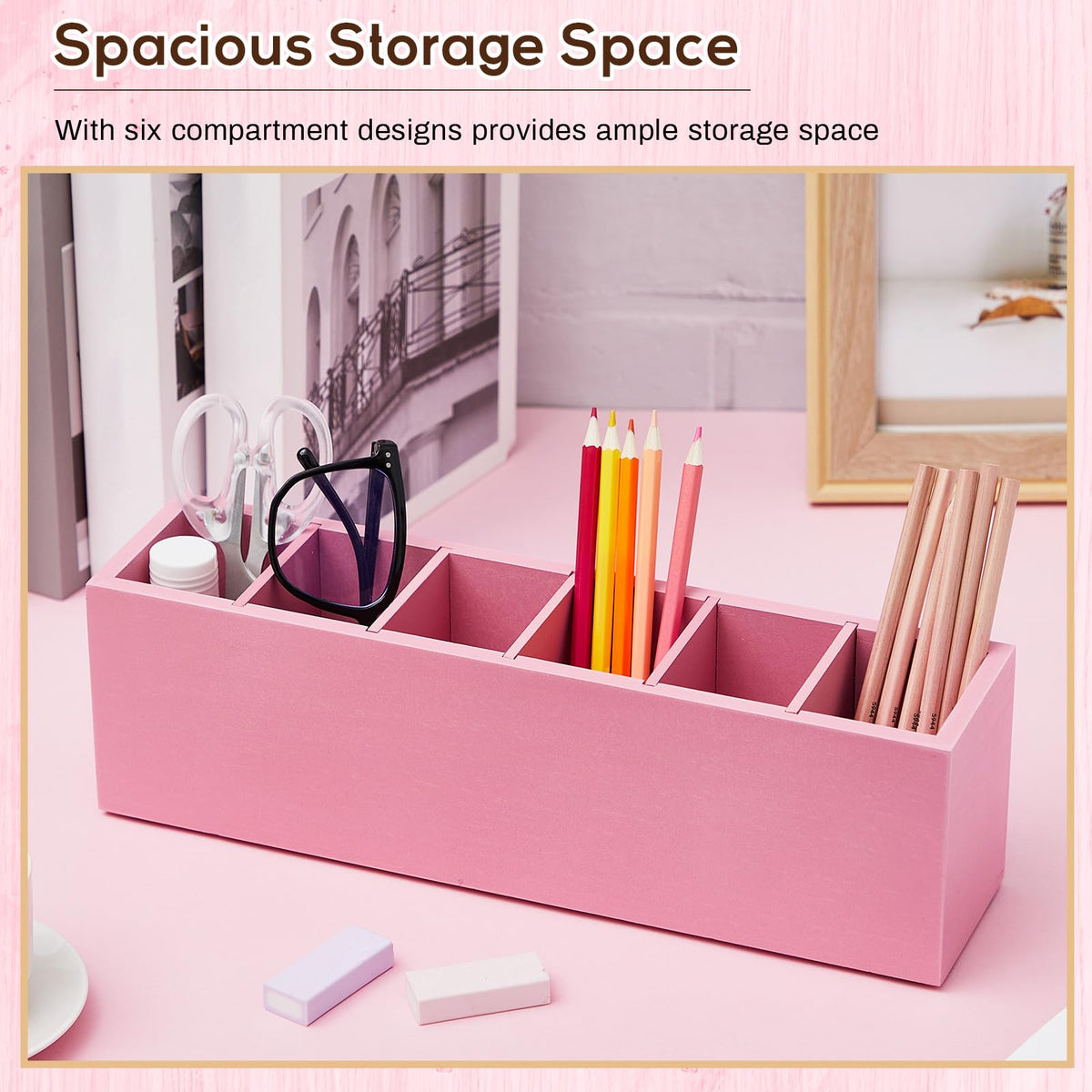 Jetec Wooden Pencil Pen Holder for Desk, Pink, 6 Compartments