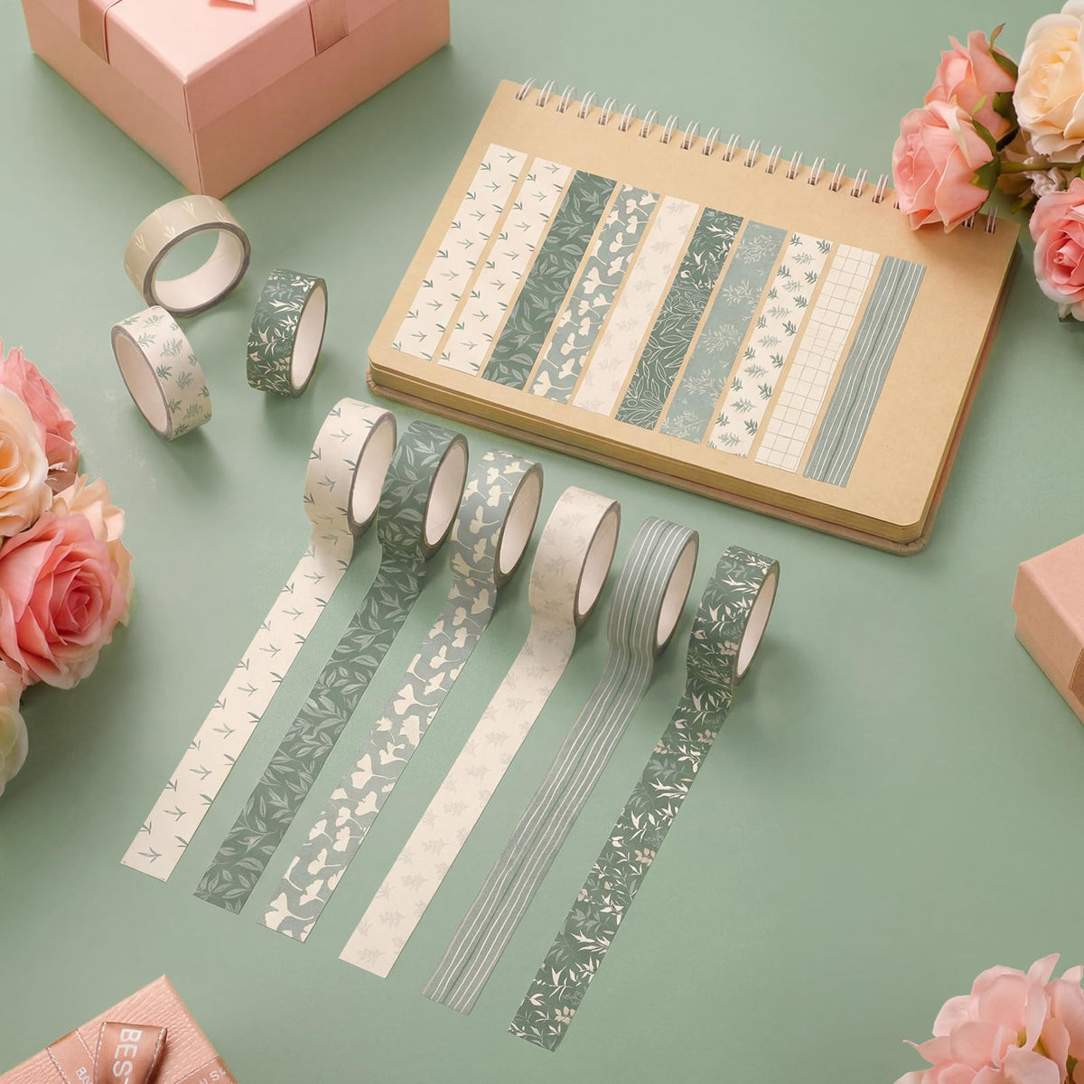 YooNotee 12 Rolls Floral Washi Tape Set,Sage Green,Leaves