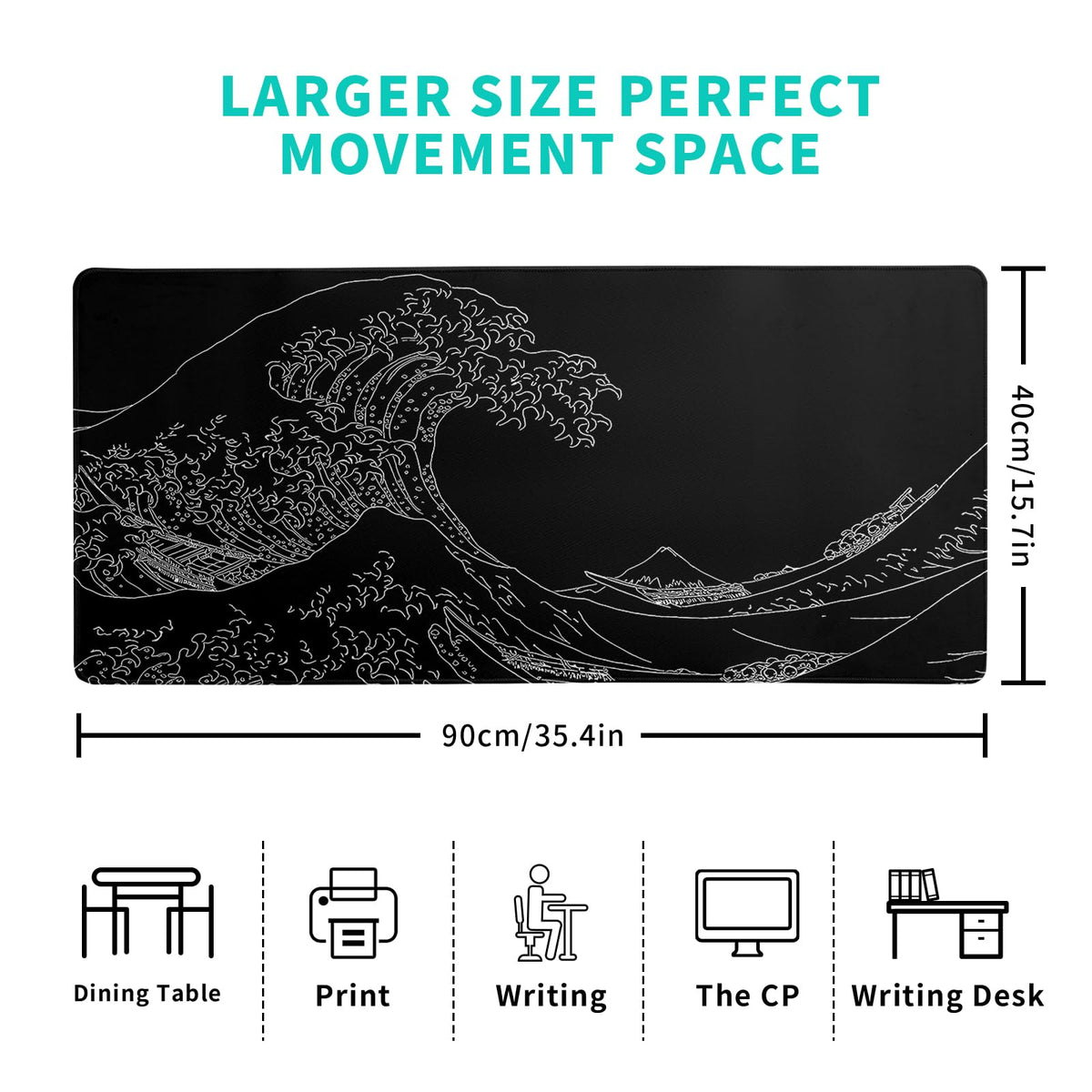 Japanese Sea Wave Large Mouse Pad Abstract Black Mouse Pad 31.5x11.8 Inch Black Kanagawa Texture