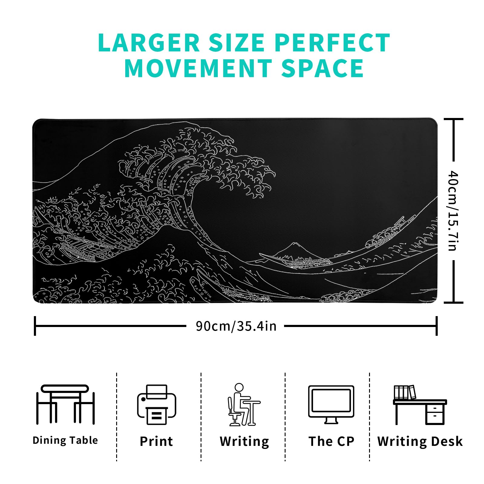 Japanese Sea Wave Large Mouse Pad Abstract Black Mouse Pad 31.5x11.8 Inch Black Kanagawa Texture