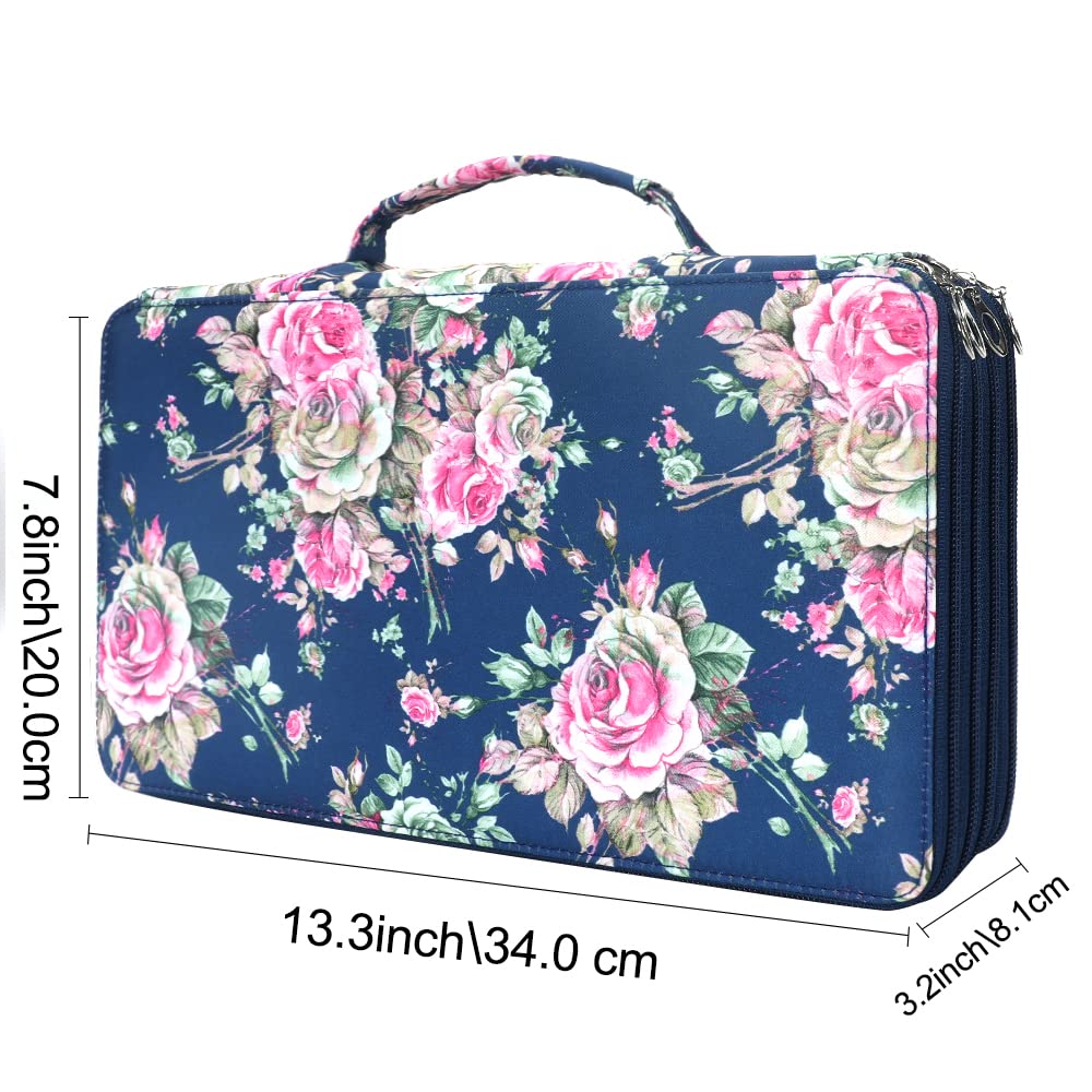 Vomgomfom 300 Slots Marker Case 4-Layer PU Leather, Handle, Blue Rose