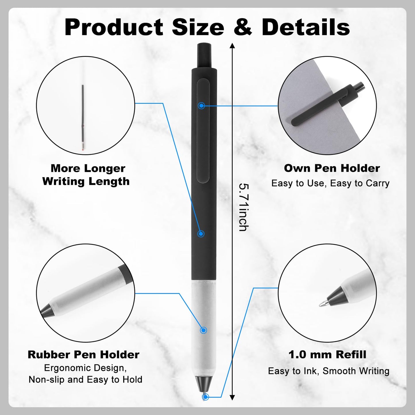 Kabolain 50 Pcs Black Pens, 1.0mm Retractable Ballpoint, Fine Point Smooth Pens with Soft Grip