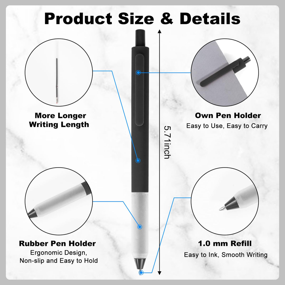Kabolain 50 Pcs Black Pens, 1.0mm Retractable Ballpoint, Fine Point Smooth Pens with Soft Grip