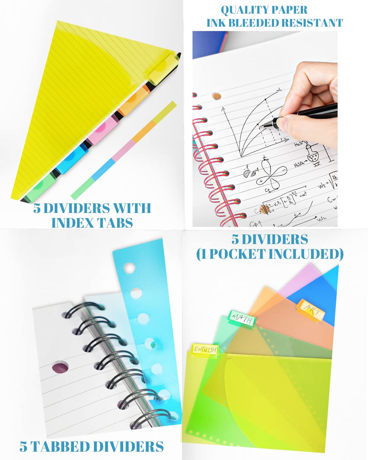 MOWEE Spiral Notebook - 5 Subject Notebook, College Ruled Notebook 3-Hole Punched With Dividers