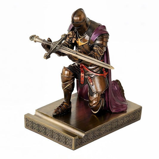 Medieval Armored Knight Pen Holder Figurine Paperweight Phone Stand Brn&Pur