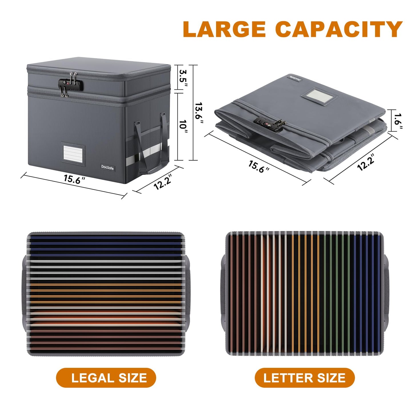 DocSafe File Box with Lock,Multi-Layer Fireproof Document Box Collapsible File Storage Organizer