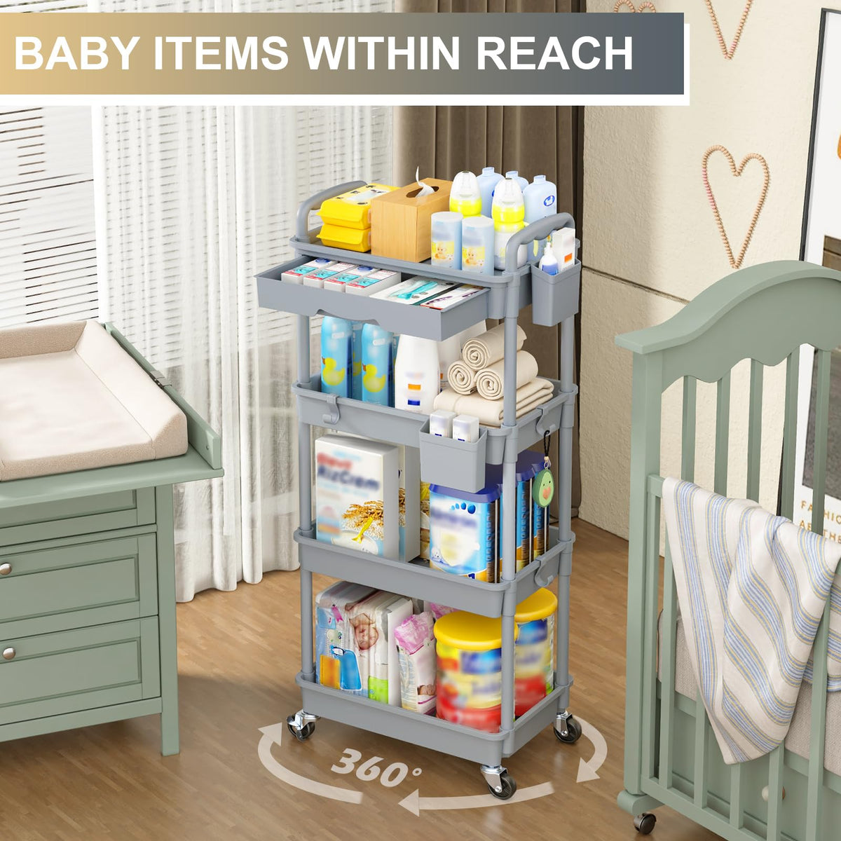 Goovilla 4 Tier Rolling Utility Cart Organizer with Removable Drawer, Grey
