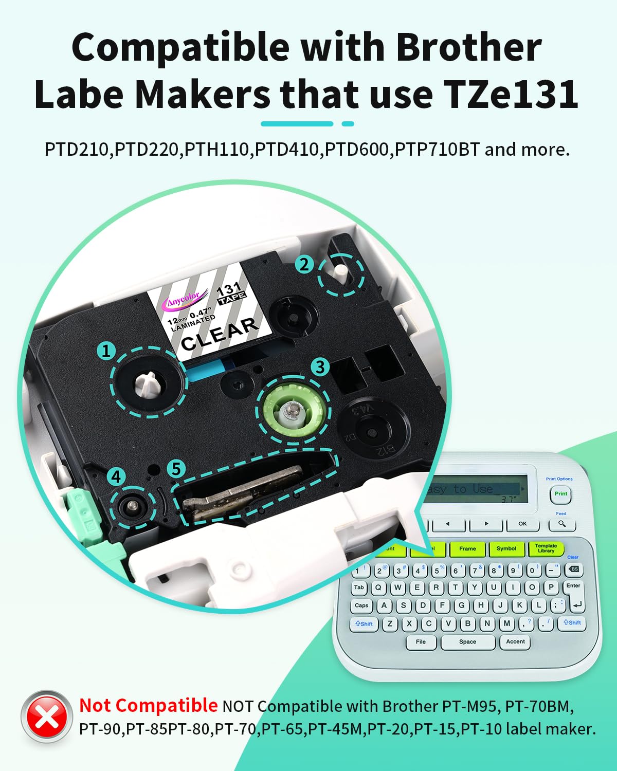 Anycolor TZe-131 TZ Tape 12mm 0.47 Laminated Clear P-Touch Label Tape Clear