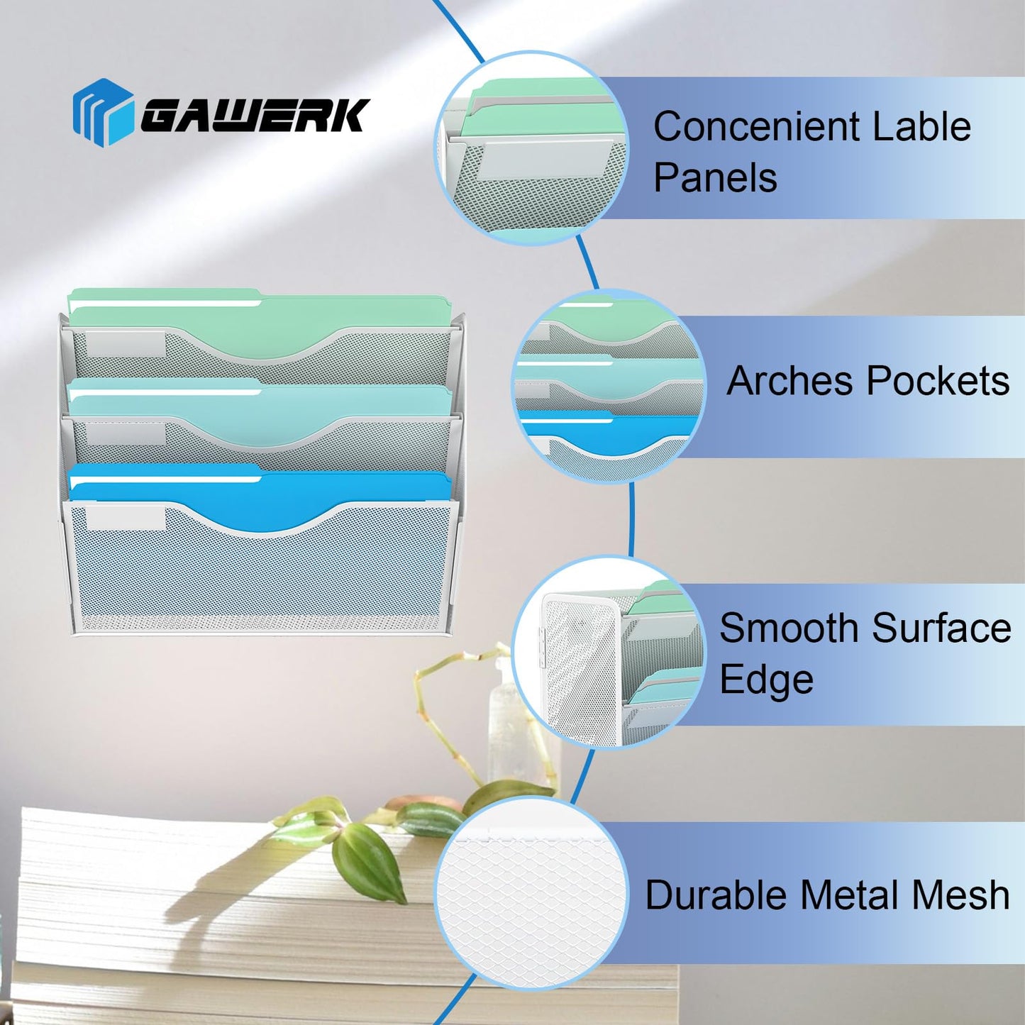 Gawerk 3 Tier Hanging Wall File Organizer, Mesh Mail Paper Orgnization Hanging File Folder Holder