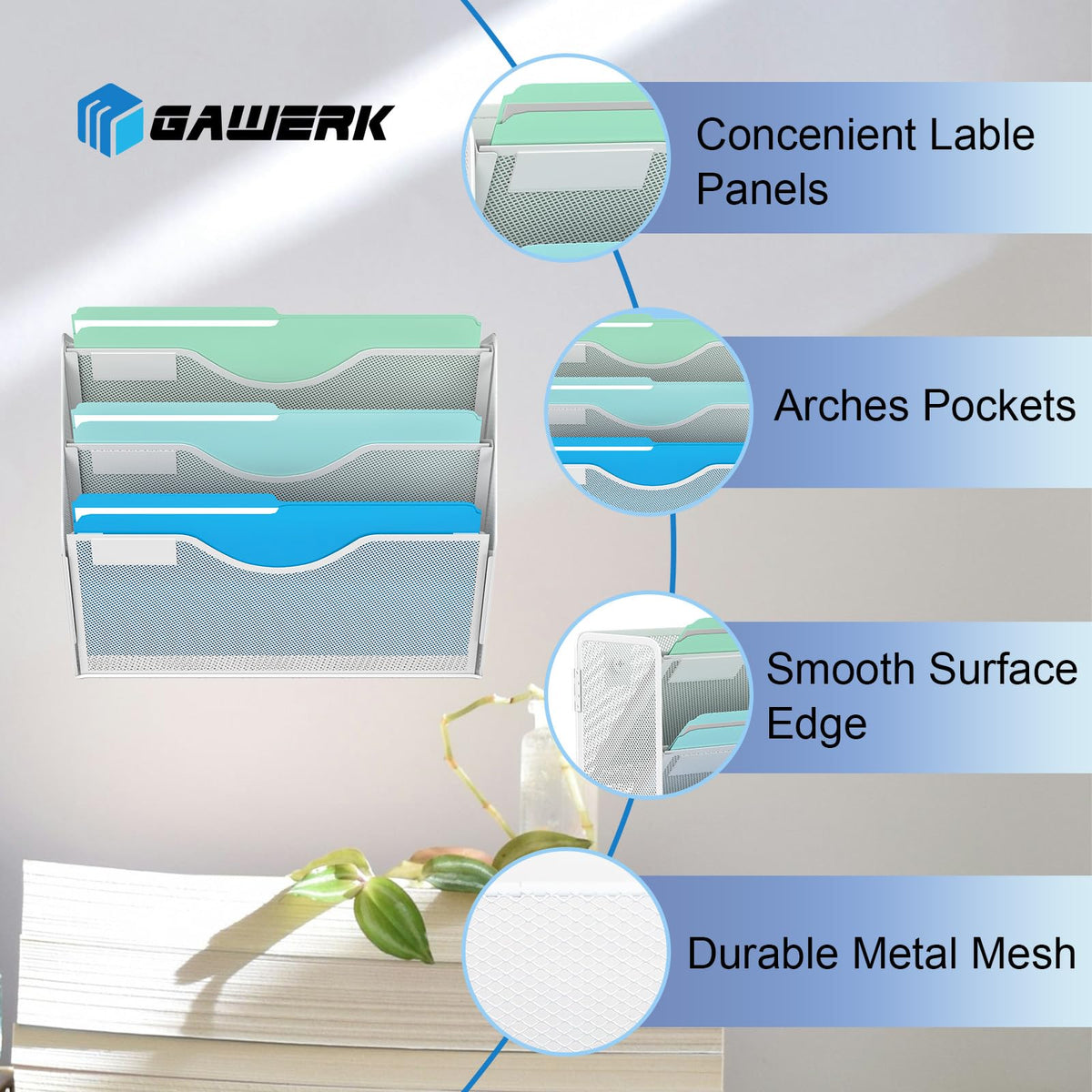 Gawerk 3 Tier Hanging Wall File Organizer, Mesh Mail Paper Orgnization Hanging File Folder Holder