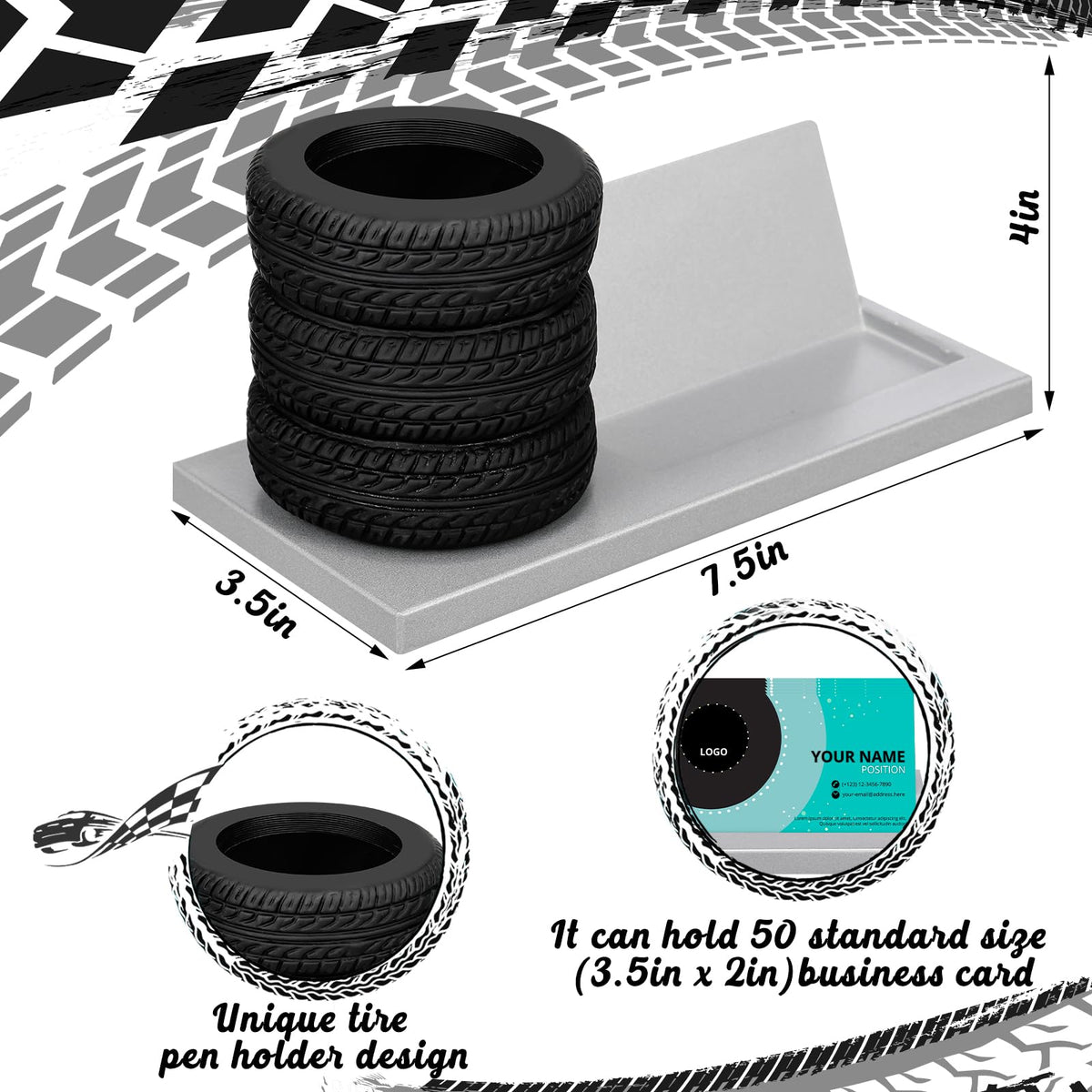 Eersida Tire Pencil Pen Holder Metal Card Holder Decor, Gray, 7.5 Inch