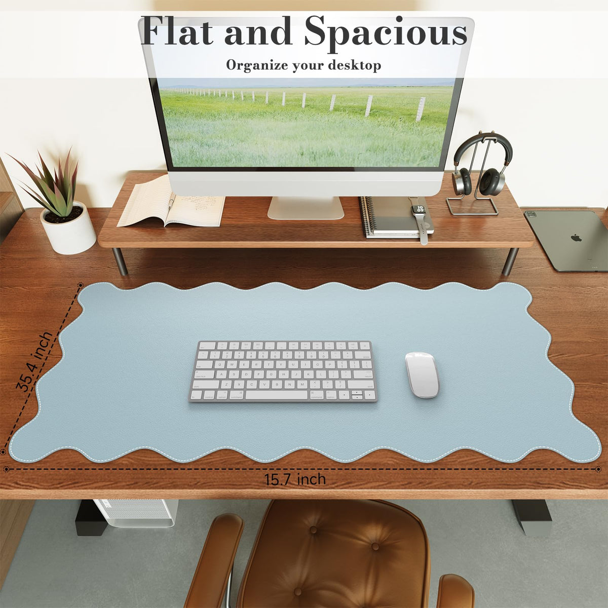 iCasso Blue Scalloped Mouse Mat, 35.4"x15.7" Computer Mat for Office