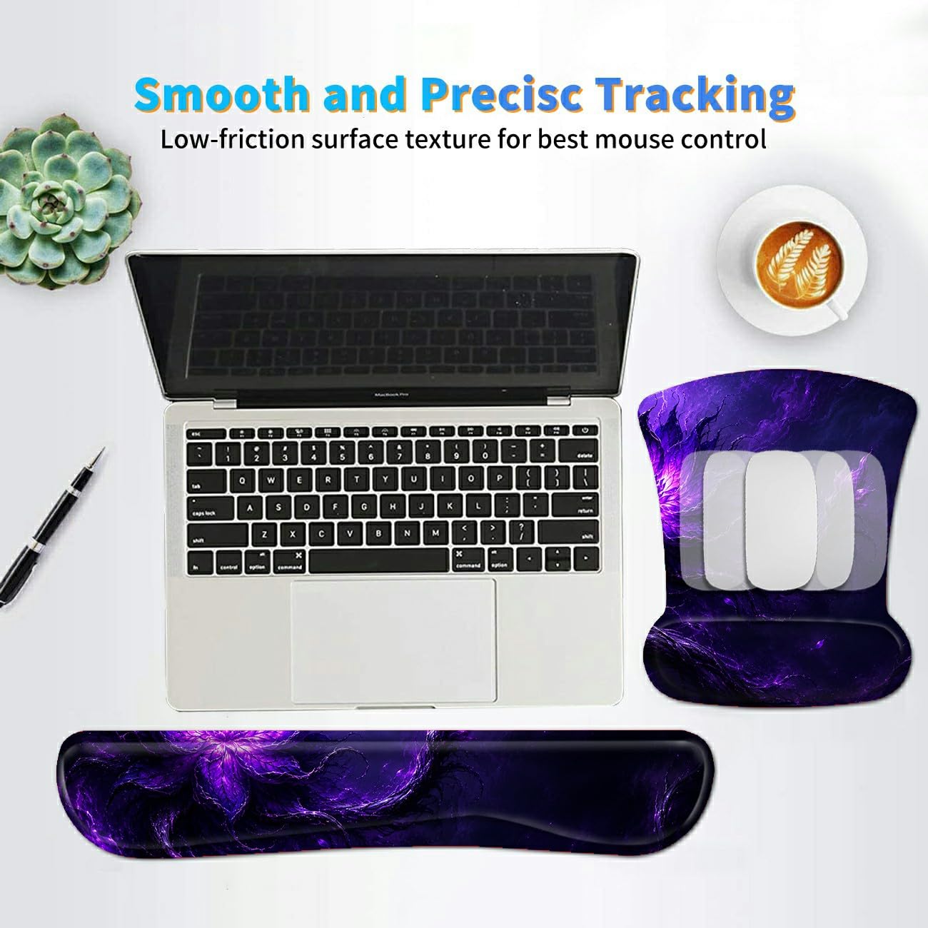 3-in-1 Ergonomic Memory Foam Keyboard Wrist Rest Pad Set, Purple Magic Flower