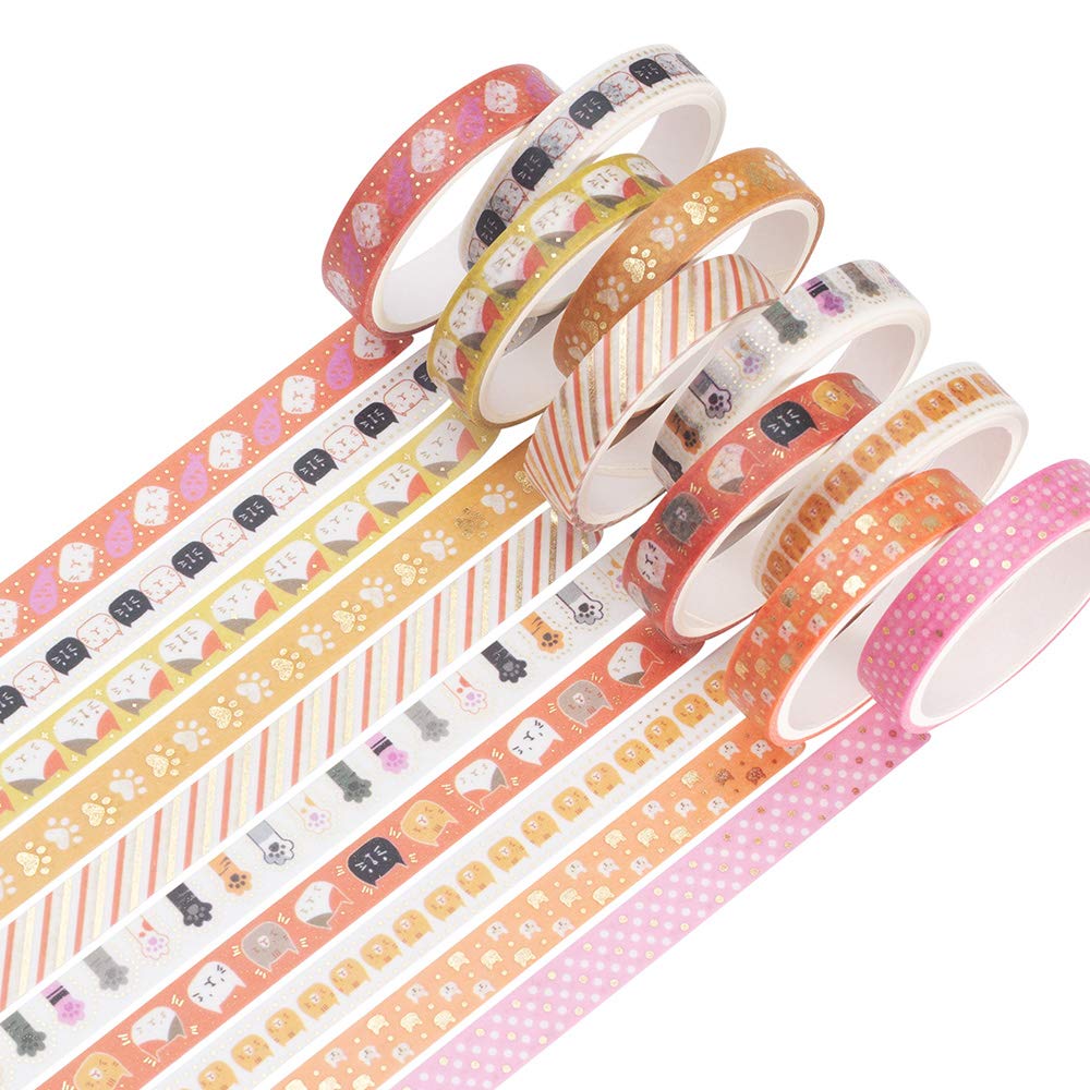 YUBBAEX 10 Rolls Sparkling Washi Tape Set 8mm Skinny Gold Foil Decorative Masking Washi Tapes for