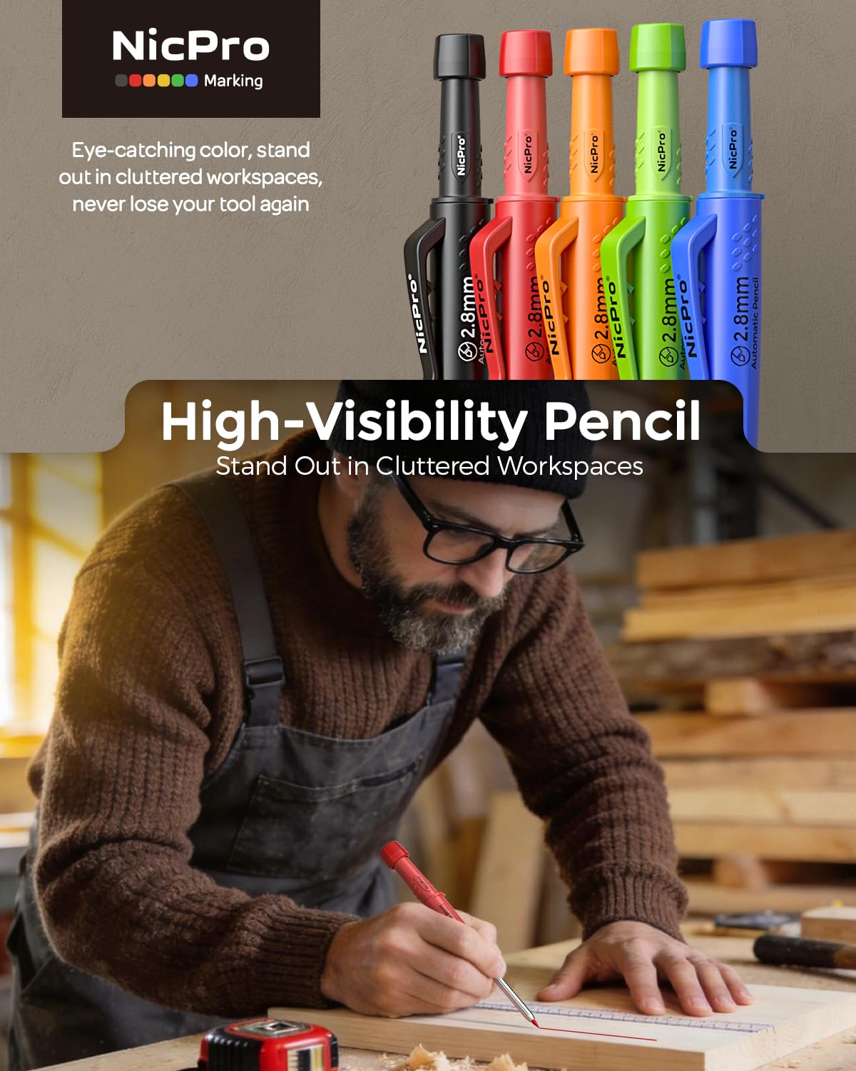 Nicpro Carpenter Pencils with Sharpener & Sleeve, 5Pack Construction Pencil