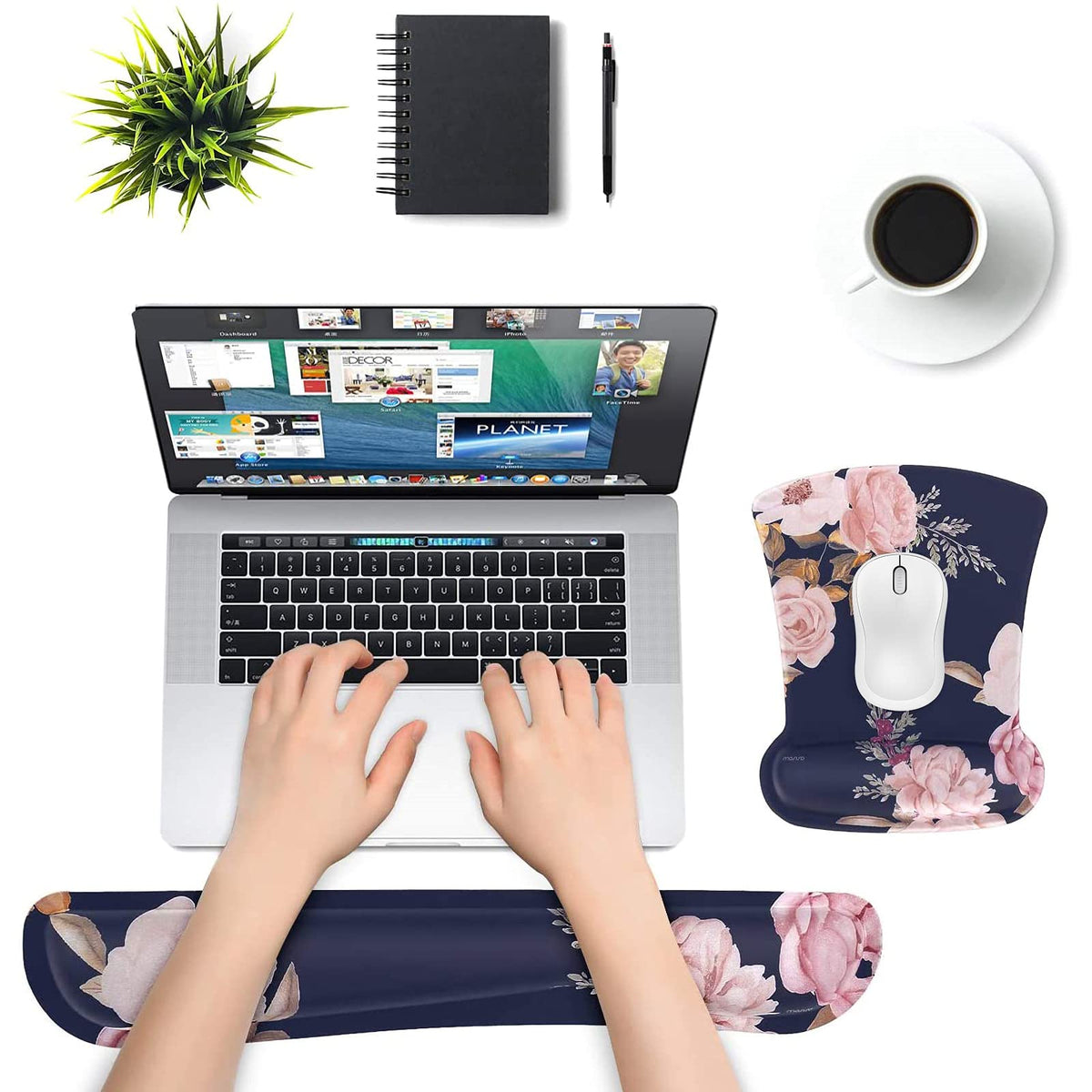 MOSISO Peony Wrist Rest Support for Mouse Pad & Keyboard Set, Blue