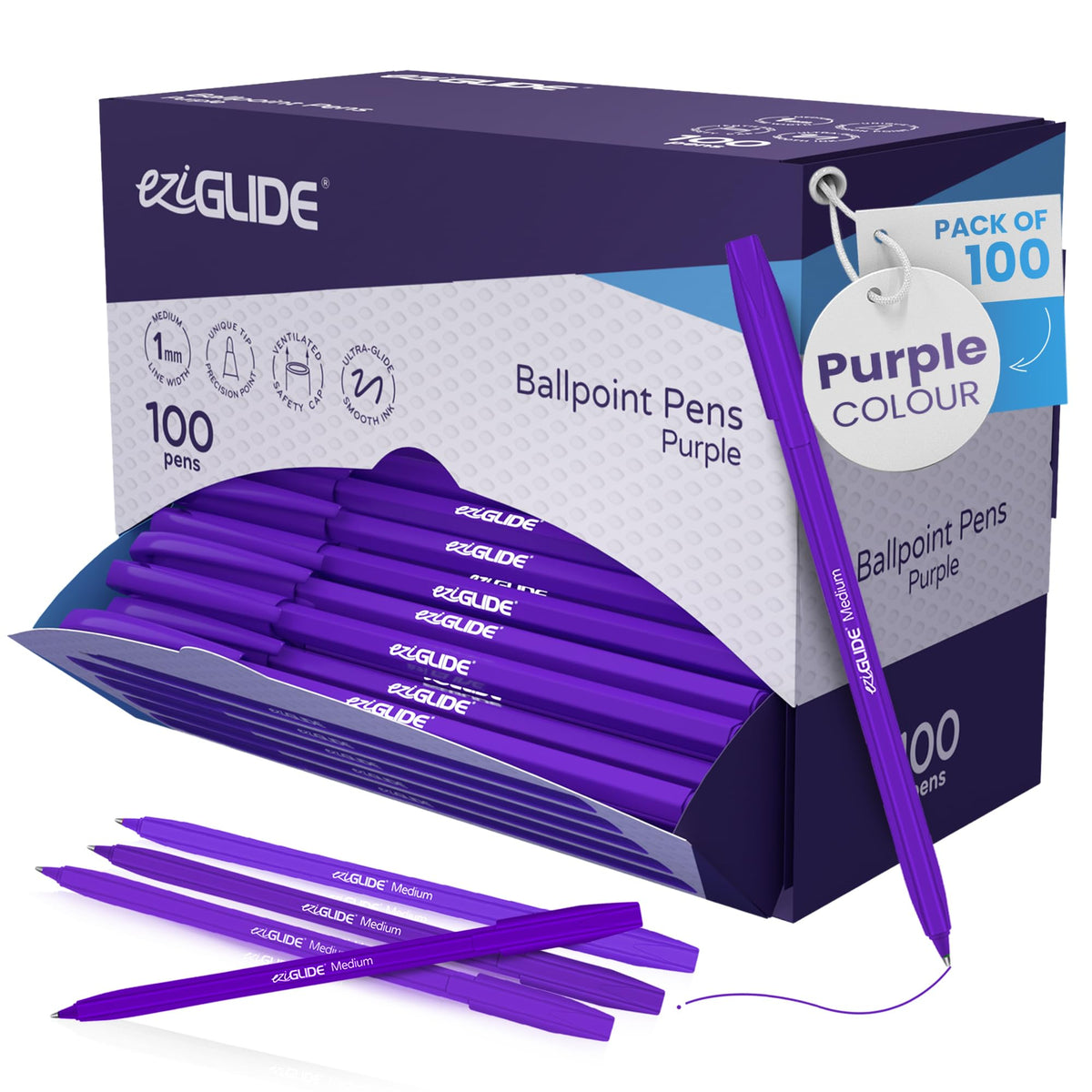 Eziglide 100-Pack Purple Ballpoint Pens, (1.0mm) Medium Point Pens For Work