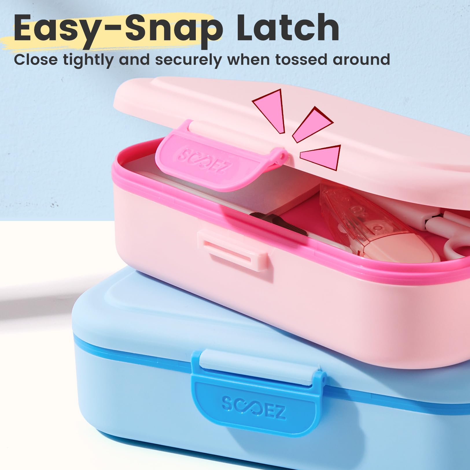 Sooez Double Layer Pencil Box, Plastic Pencil Case with Latch, Hard School Supply Box for Girls