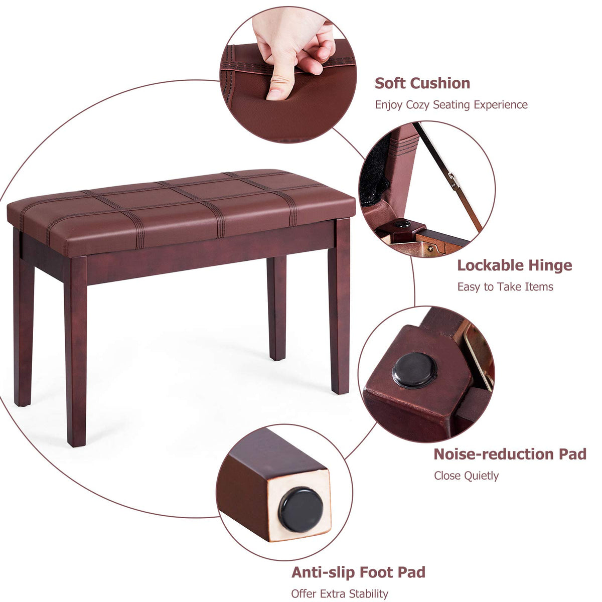GOFLAME Piano Bench with Padded Cushion and Music Storage, Comfortable Double Duet Seat with PU