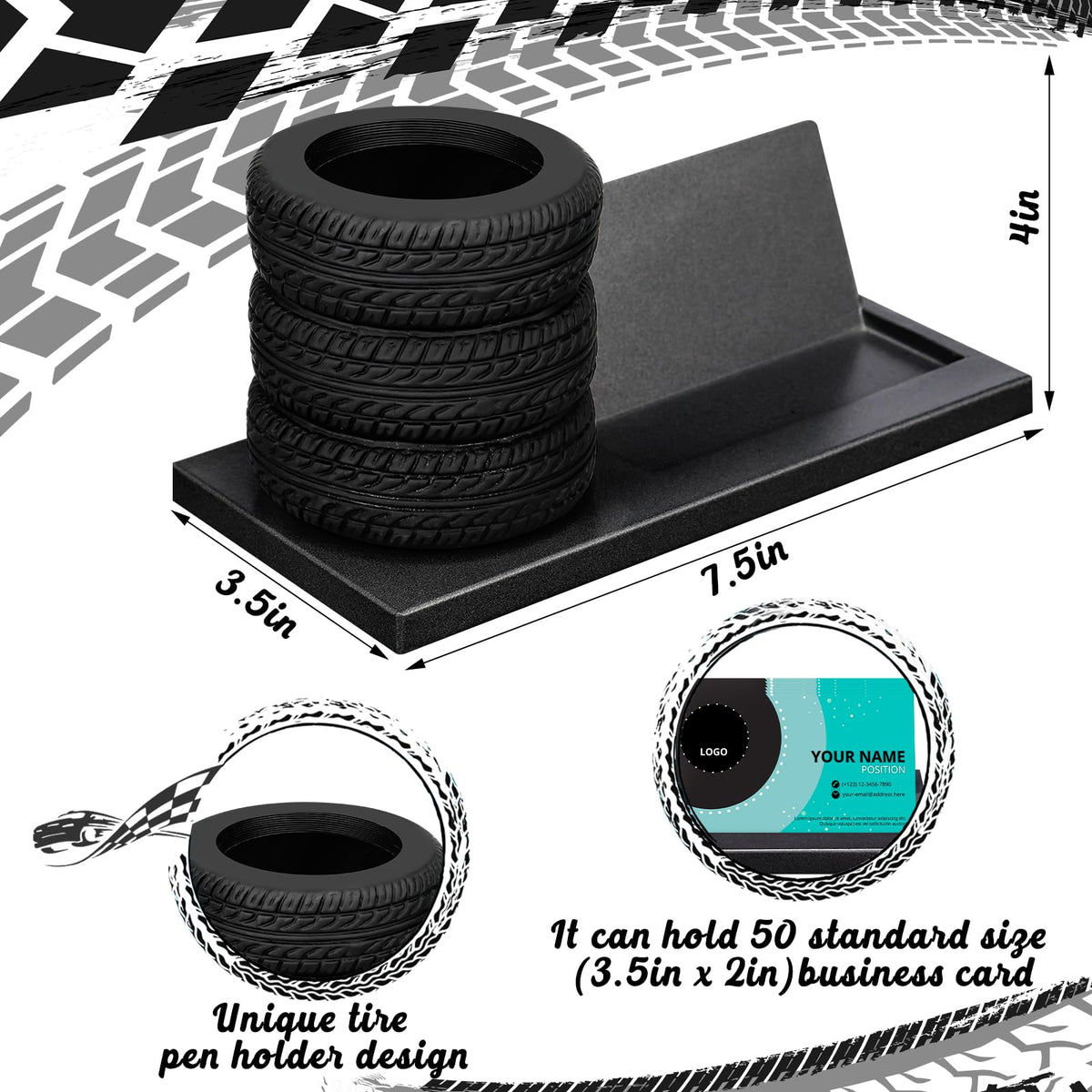 Eersida Tire Pencil Pen Holder Metal Card Holder Decor, Black, 7.5 Inch