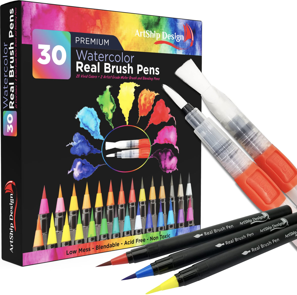 30 Watercolor Brush Pens Combo Pack, 28 Colors 2 Water Brushes, Flexible Real Nylon Brush Tips, for