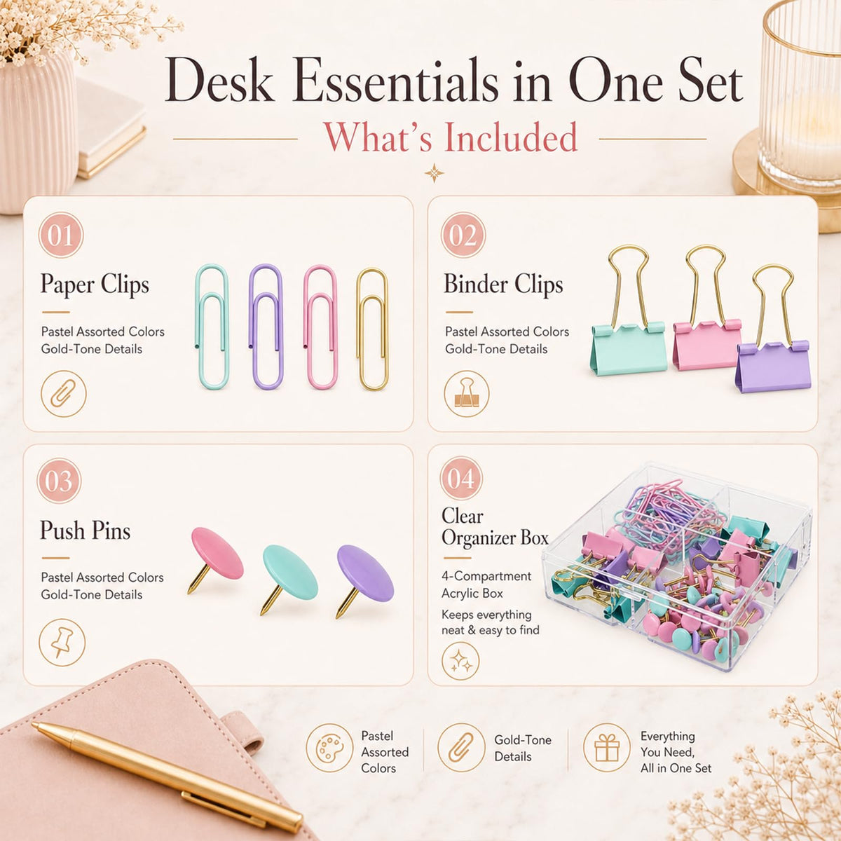 Creechwa Paper Clips and Binder Clips Push Pin Set, Assorted Size Clip