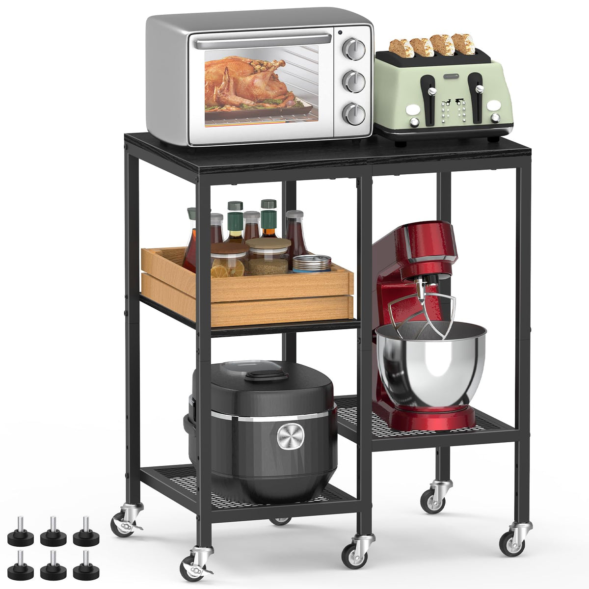 OGEMXU Rolling Kitchen Microwave Cart,4 Tier Microwave Stand,Black