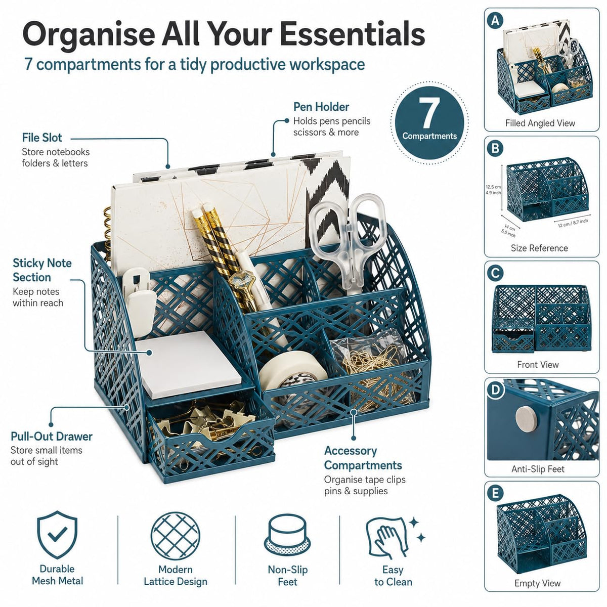 Exerz Desk Organizer Metal Mesh Caddy 7 Compartments Drawer Aegean Blue