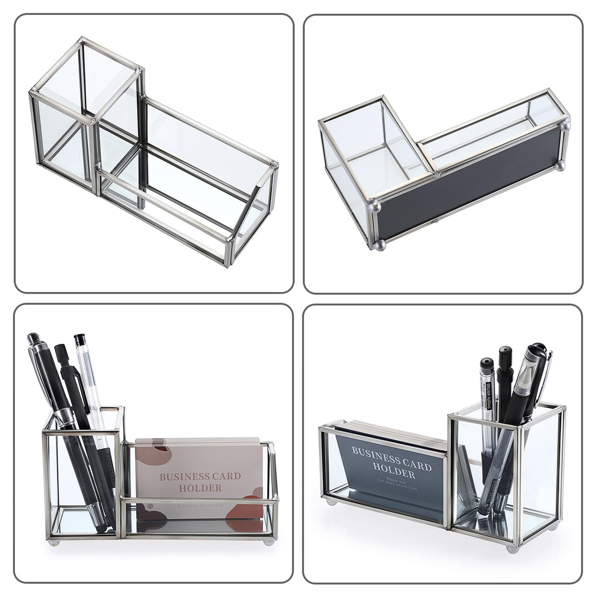 Hipiwe Glass Business Card Holder with Pen Cup for Desk, 2 Slots Silver