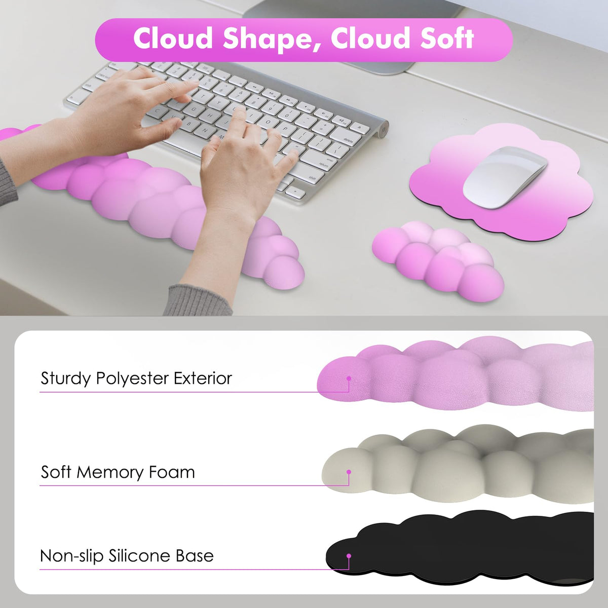 Moko Cloud Wrist Rest for Keyboard and Mouse with Mouse Pad, Pink