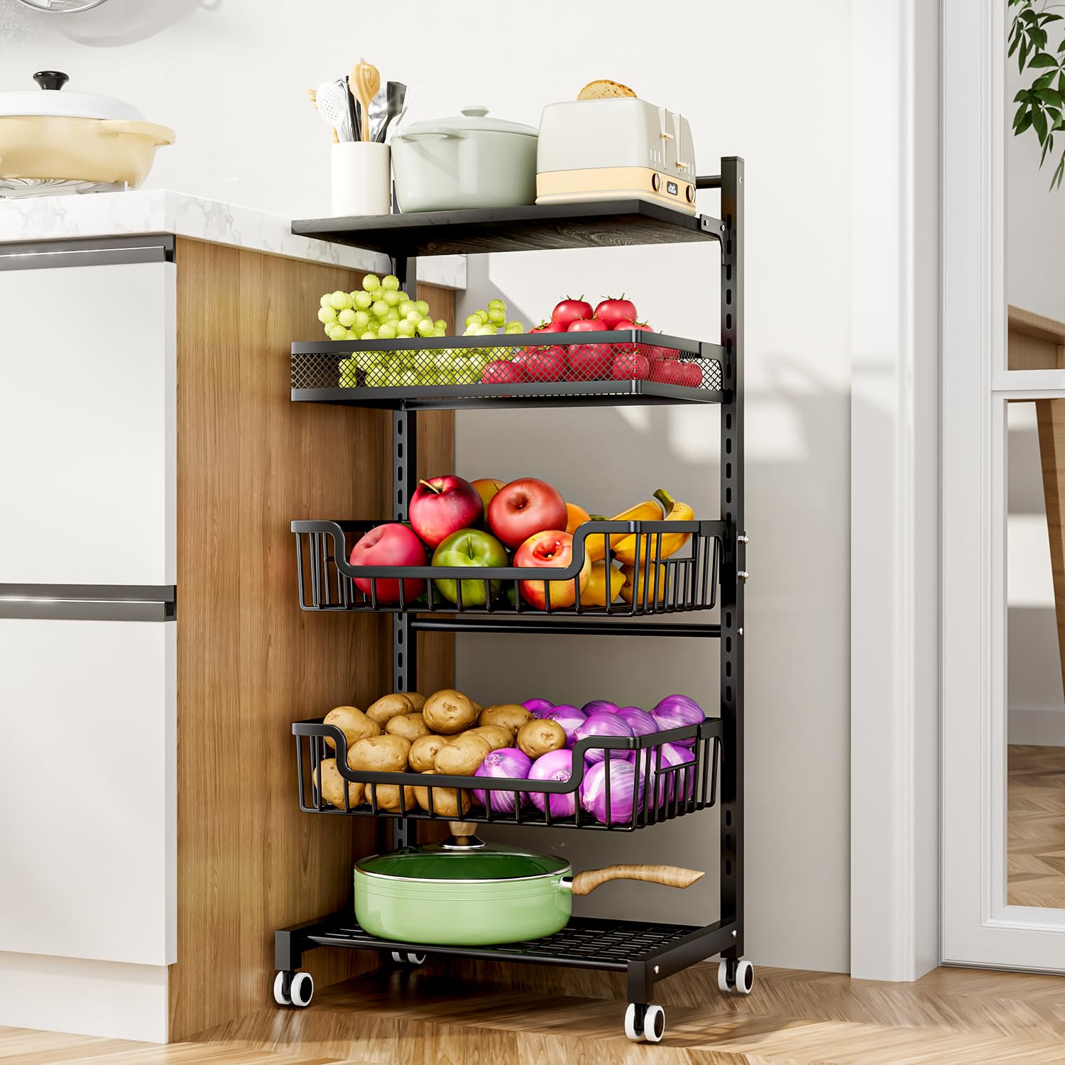 HapiRm Fruit Basket Kitchen Cart - 5 Tier Adjustable Vegetable Storage Rack, Large Capacity Rolling
