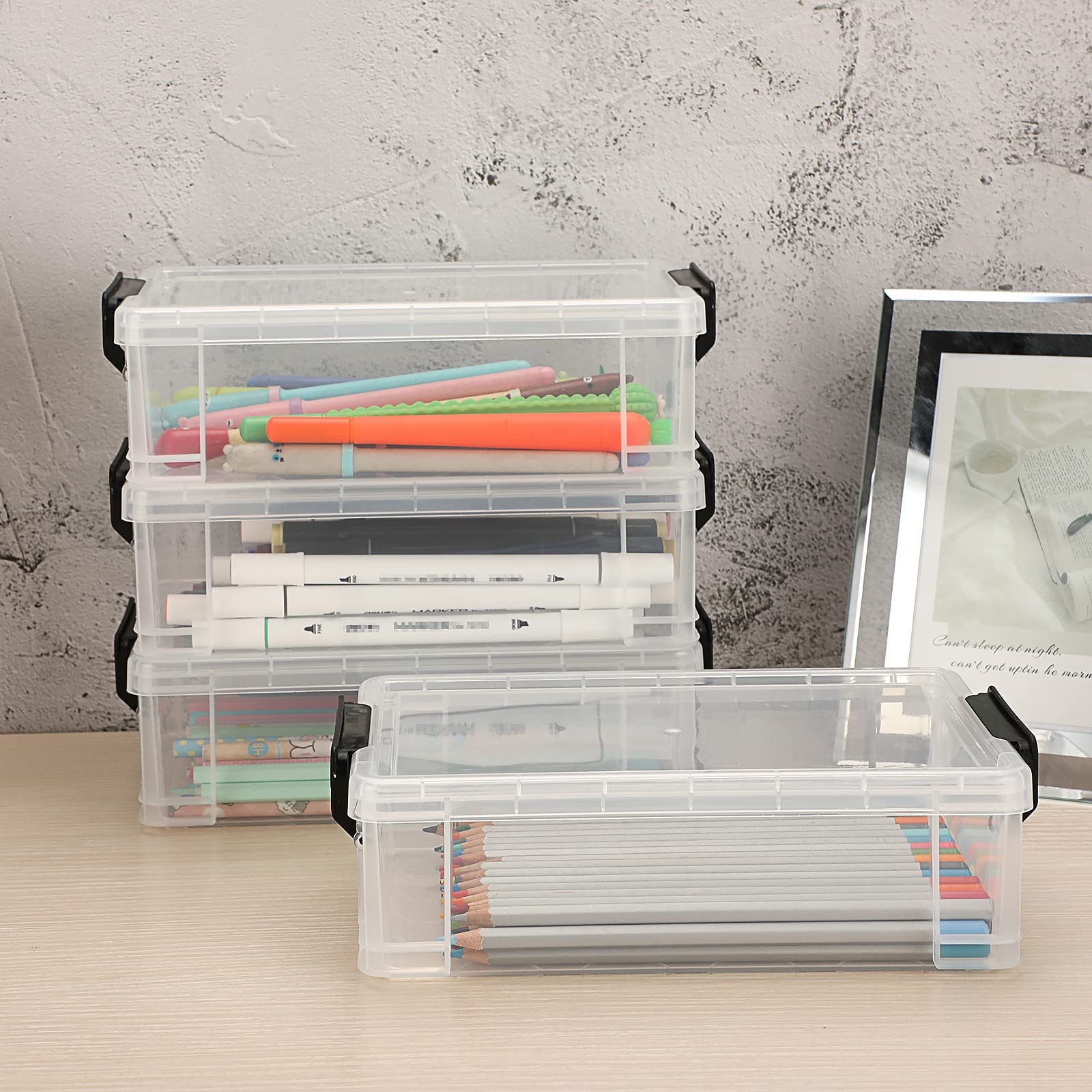 BTSKY 4 Pack Extra Large Plastic Pencil Box Stackable, Translucent, Black