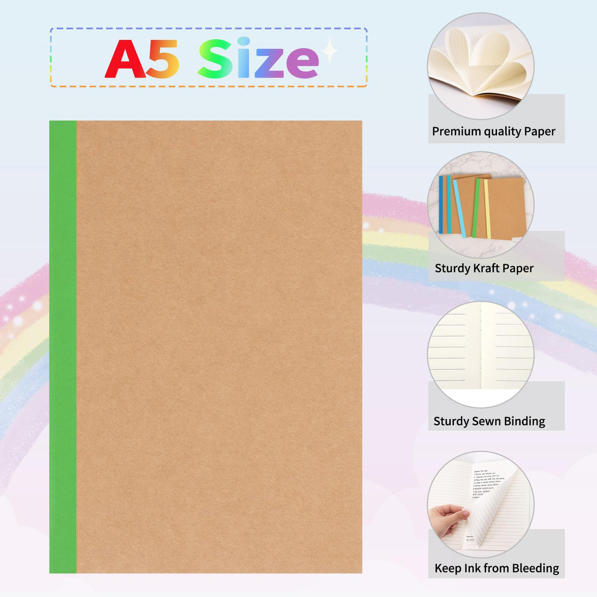 EOOUT Notebooks for Kids 5 Pack A5 Composition Notebook, Kraft Lined Journal Bulk with Blue Spine