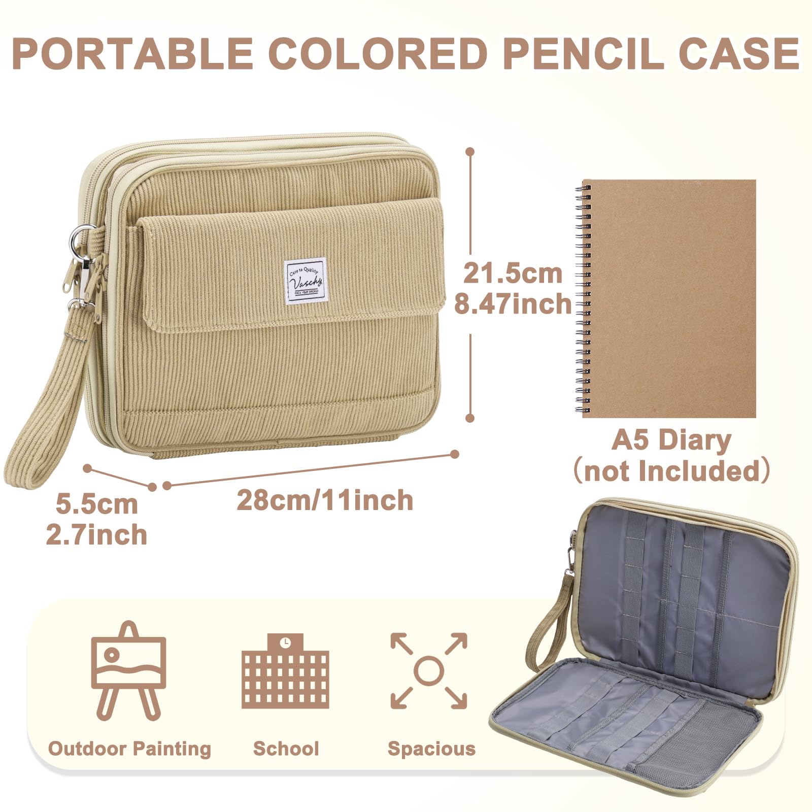 VASCHY Colored Pencil Case, Corduroy Large Pencil Pouch for Art Pens Markers Gel Pens Big Holder