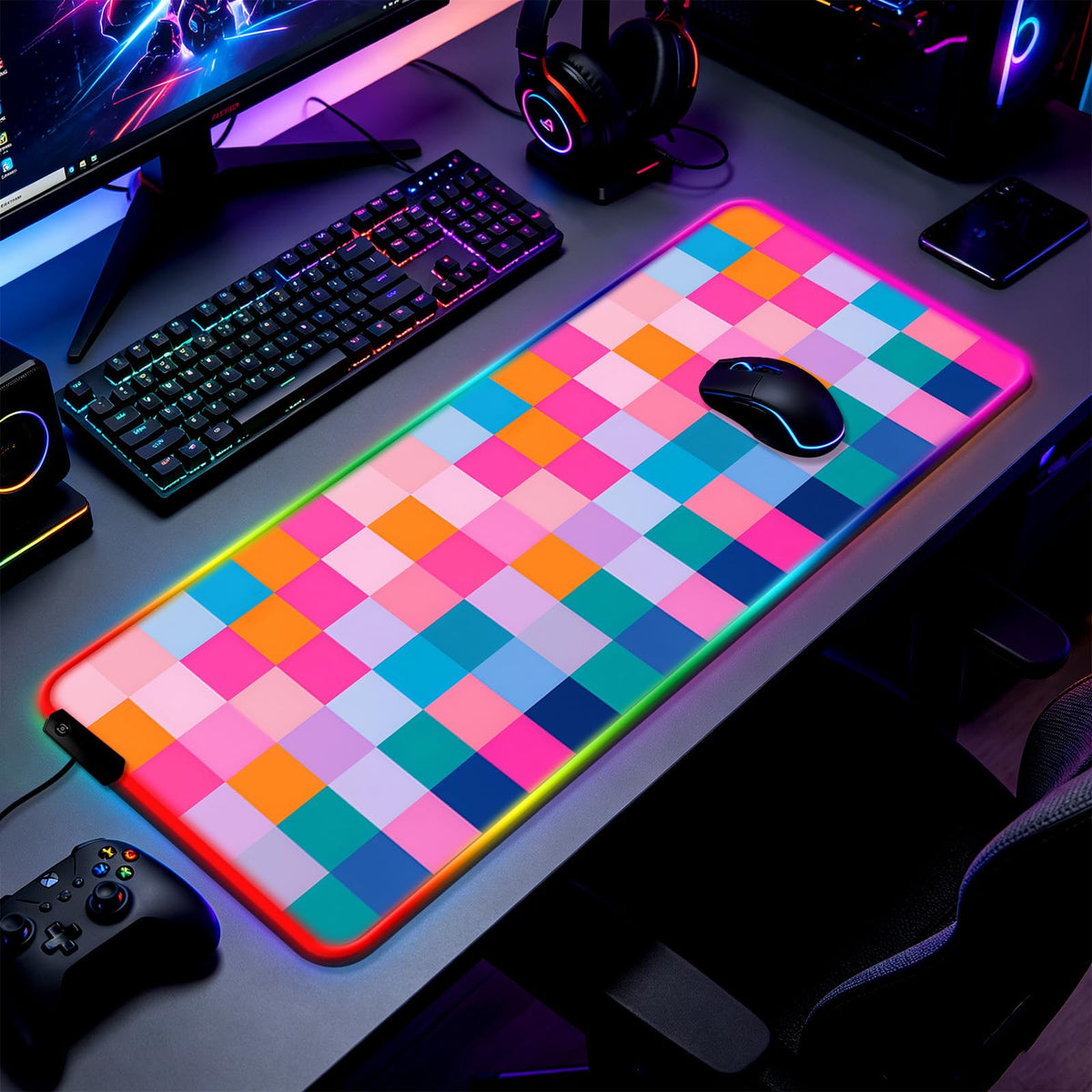 JIANG100 RGB Vibrant Multicolor Checkered Gaming Desk Mat & Mouse Pad, XL