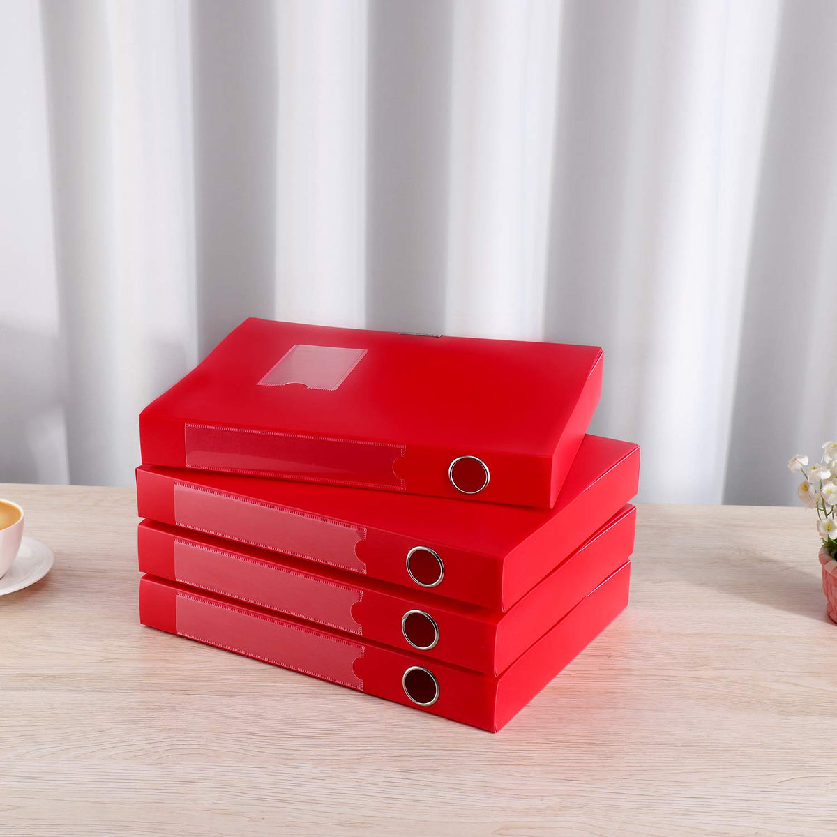 HUA JIE 4 Pack A4 Storage File Boxes Plastic Archives Cases with Lid,Red