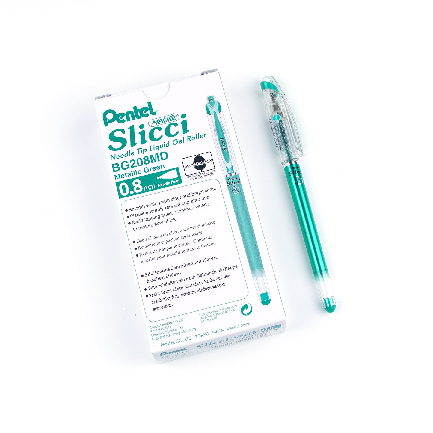 Pentel Arts Slicci Metallic 0.8 mm Needle Tip Gel Pen, Metallic Green Ink, Box of 12 (BG208-MD)