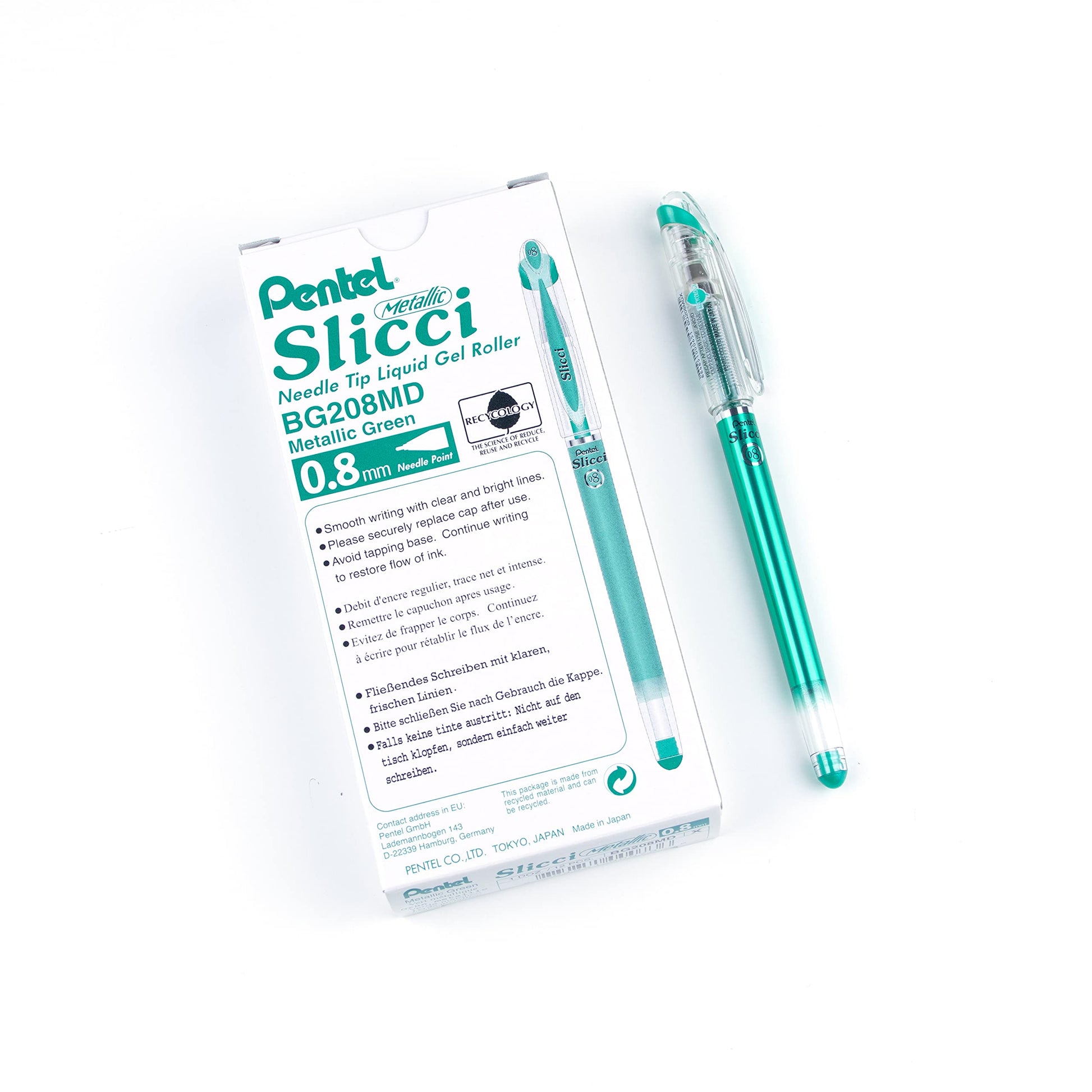 Pentel Arts Slicci Metallic 0.8 mm Needle Tip Gel Pen, Metallic Green Ink, Box of 12 (BG208-MD)