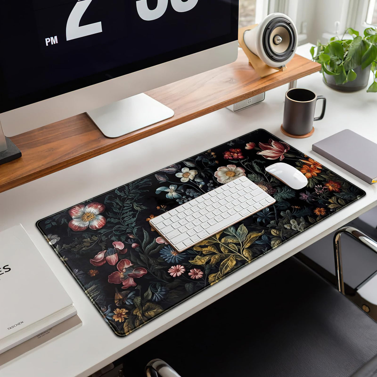 Floral Desk Mat Dark Vintage Aesthetic Desk Pad Flower Plant Black Extended Mouse Pad Large Gaming