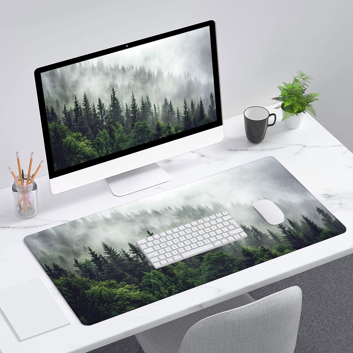 Misty Forest Gaming Mouse Pad Desk Pad Nature Fir Tree Woodland Large Gaming Mouse Mat with