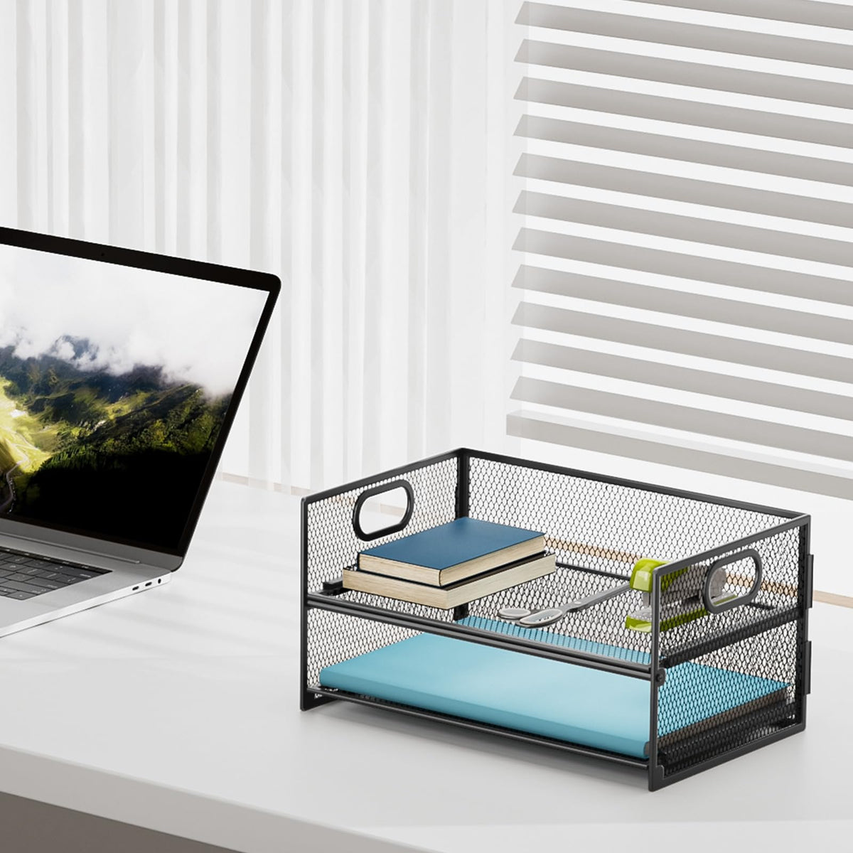 Marbrasse 2 Tier Paper Organizer Letter Tray, Mesh File Organizer with Handle, Paper Sorter Desk