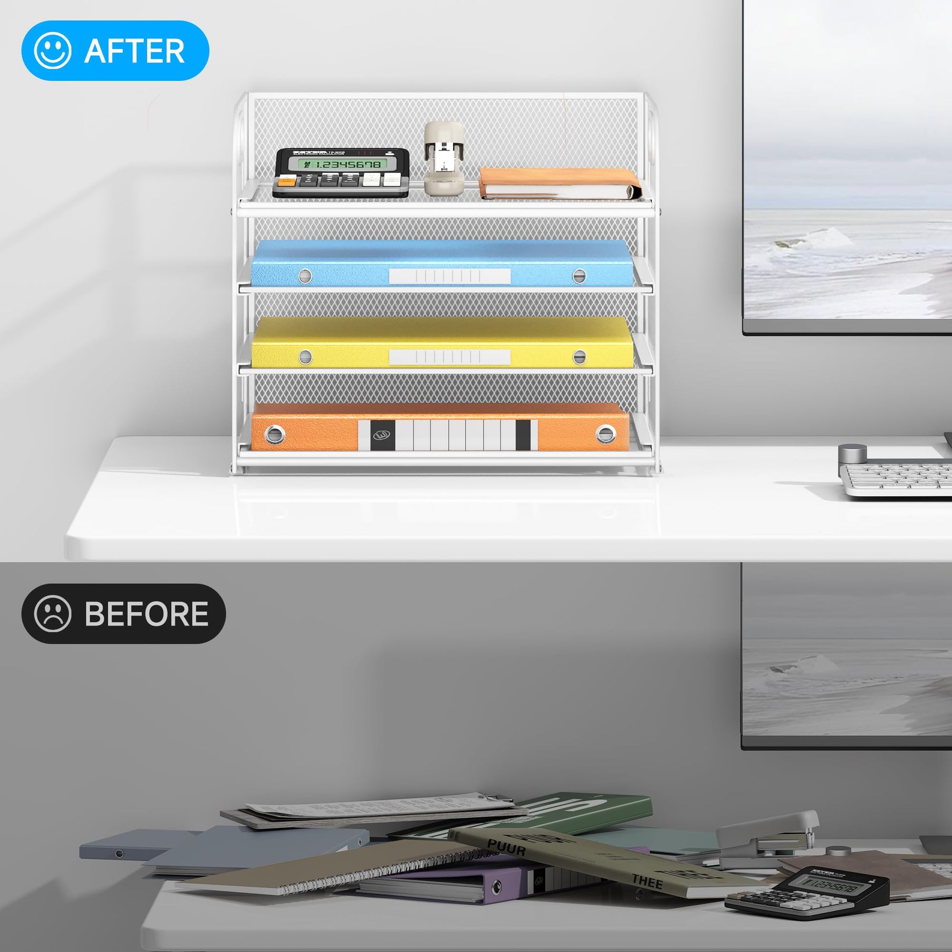 Lavatino Paper Organizer for Desk, 4-Tier Desk Organizer Tray, Mesh Desktop File Organizers with