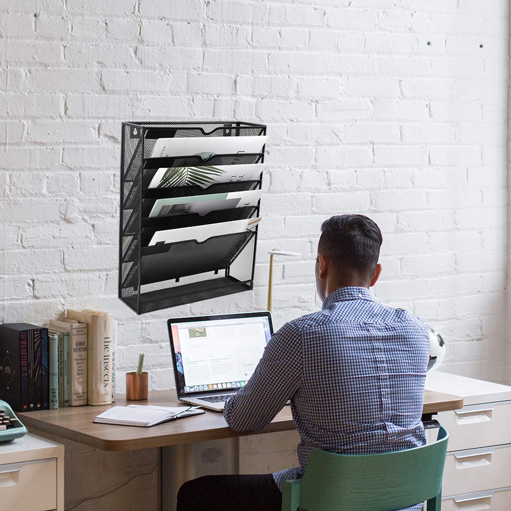 EASEPRES Desk File Organizer Mesh 6-Tier, Hanging Wall Mount Document Organization Stand, Desktop