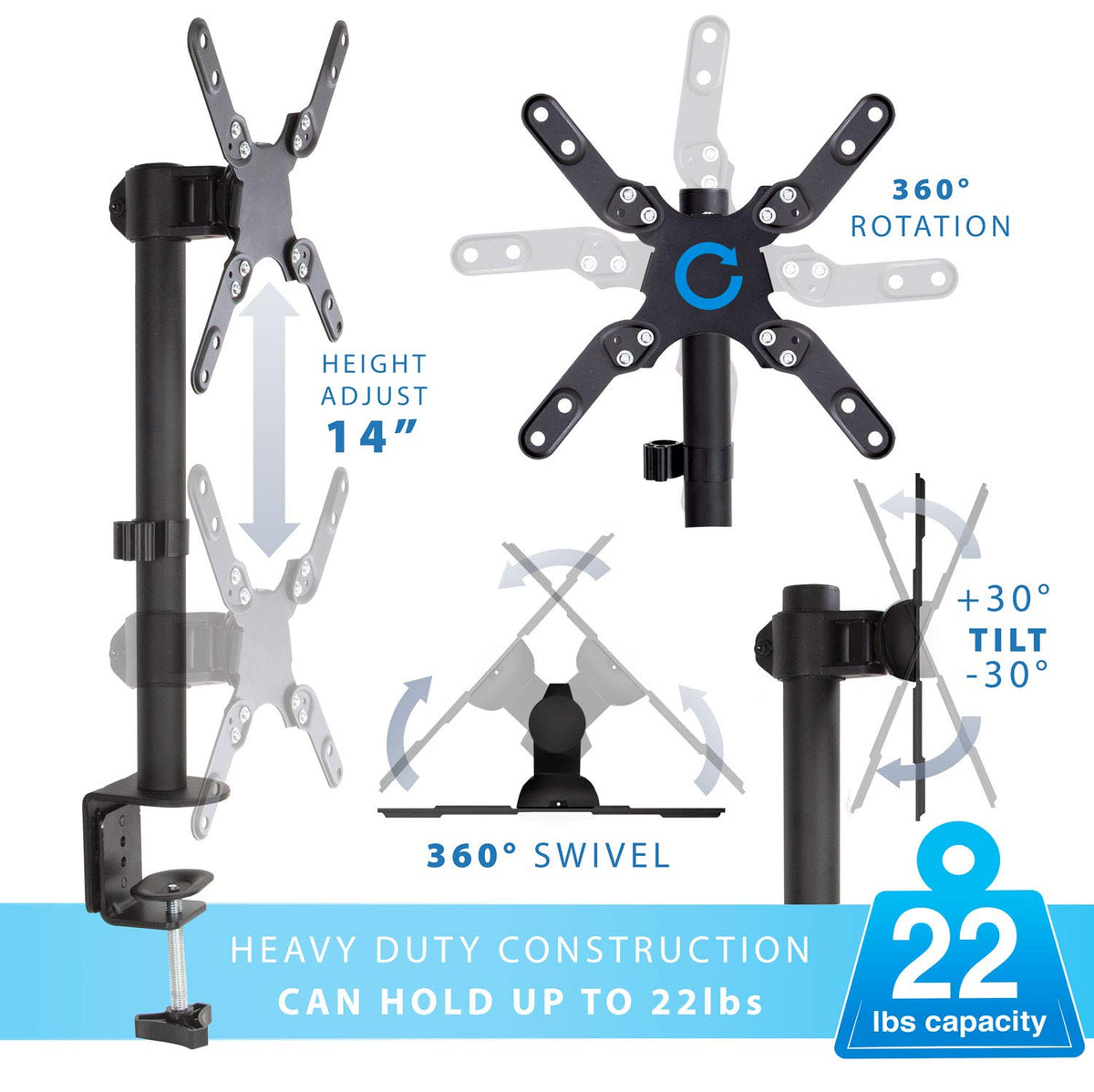 Mount-It! Ultra-Wide Single Monitor Arm Desk Mount, Height Adjustable Pole Stand for 13–42 Inch