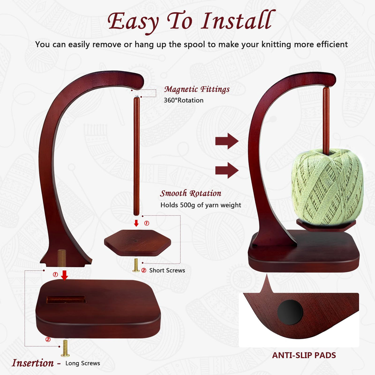 JUCPASH Yarn Holder for Crocheting with Magnetic Spin, Crochet Gifts, Brown