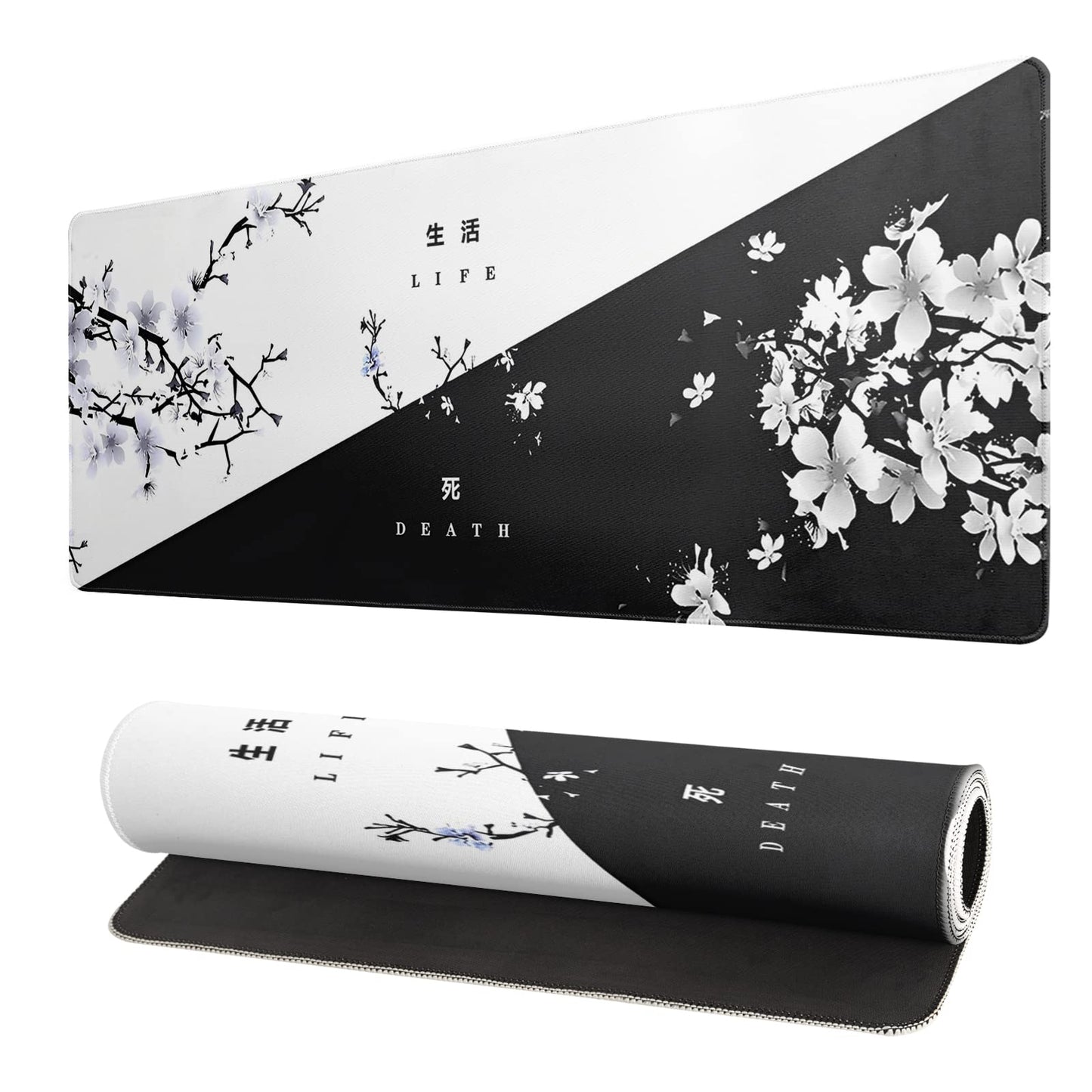 Black and White Japanese Cherry Blossom Gaming Mouse Pad Sakura Death Life Flower Mat 31.5x11.8