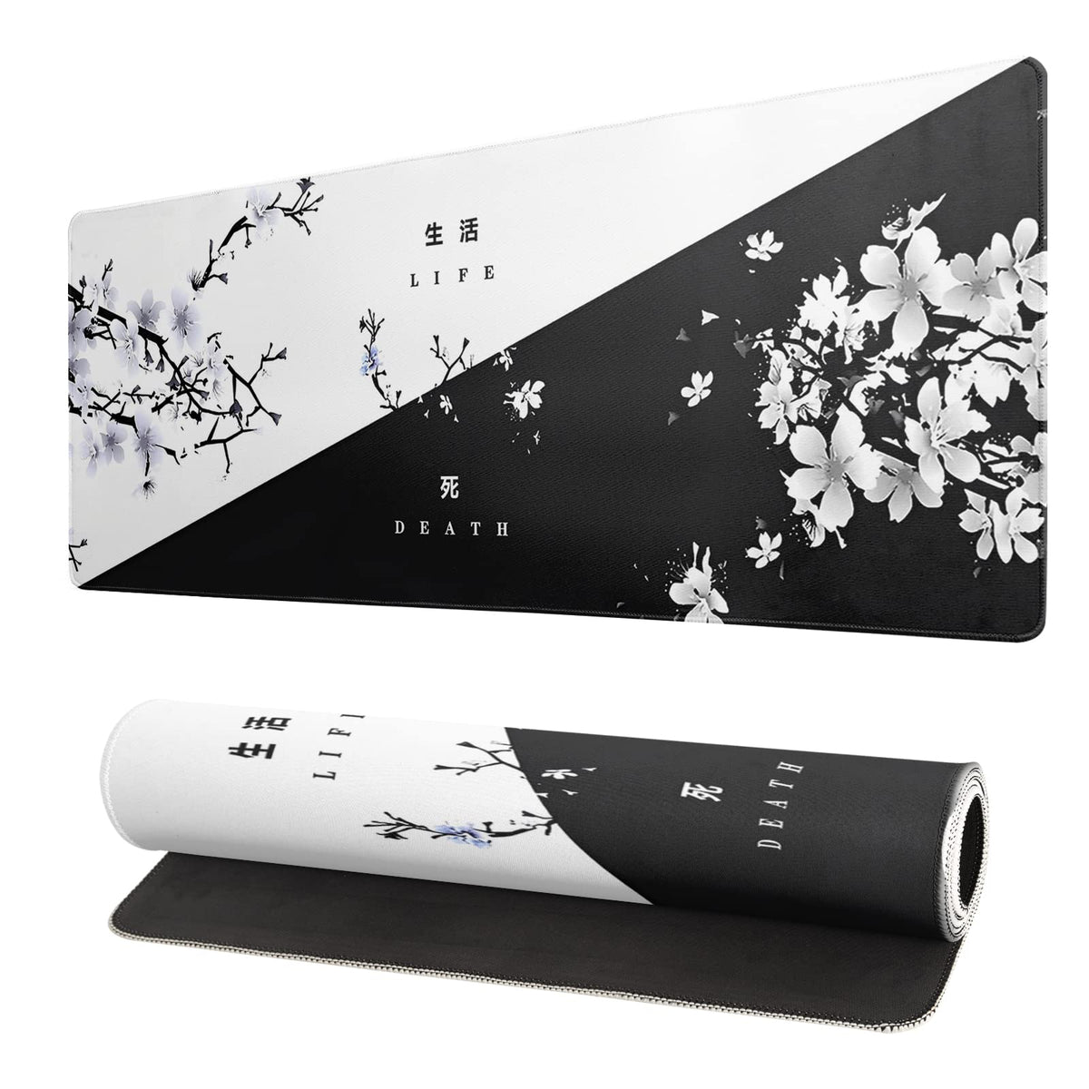 Black and White Japanese Cherry Blossom Gaming Mouse Pad Sakura Death Life Flower Mat 31.5x11.8