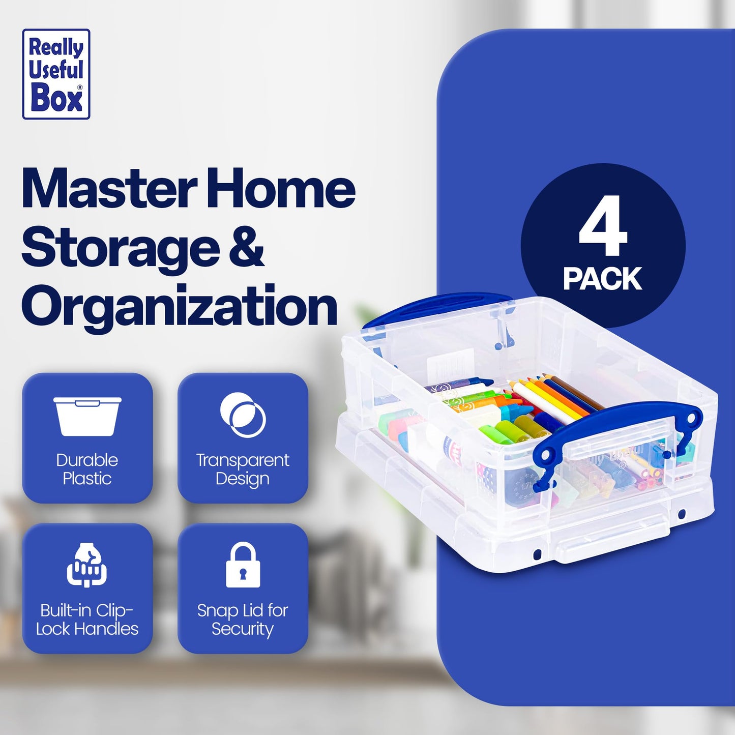 Really Useful Box 1.75 Liter Plastic Stackable Storage Container, 4 Pack
